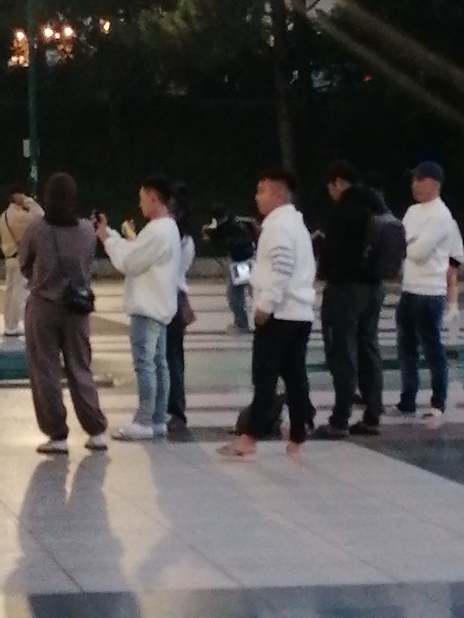 A group of people are standing on a paved area at night. There are lights visible in the background amongst trees. The people are wearing casual clothing. From left to right, there is a person wearing a beige jacket and pants. Next, a person in a purple outfit with a black purse over their shoulder is holding a phone. A person in a white sweatshirt and blue jeans is holding a phone and looking at it. To their right, a person in a white sweatshirt and black pants is facing away from the camera. Another person in a dark jacket and dark pants is standing next to them. Finally, a person in a white shirt and blue jeans is on the far right. The scene appears to be a public outdoor space in the city of Da Lat, Vietnam, possibly near a park or promenade, given the lighting and the presence of trees.