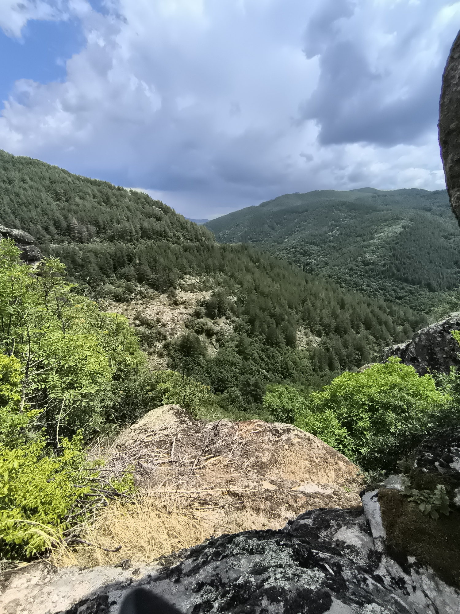 This image captures a panoramic view of a verdant, mountainous landscape under a dramatic sky with both blue patches and dark clouds. The foreground is dominated by rough, rocky terrain with a prominent, large, light-brown boulder with dry grass and twigs scattered on it. To the left and right edges of the foreground, dark, moss-covered rocks are visible, suggesting a rugged, elevated viewpoint.
The midground and background are filled with densely forested hills and mountains. The trees are predominantly green, with a mix of coniferous and deciduous varieties, creating a rich tapestry of textures and shades. The slopes are steep and uneven, carved by natural erosion and possibly past human activity, as evidenced by terraced-looking sections on some hillsides. In the distance, the hills recede into a hazy, atmospheric perspective, with lighter green hues suggesting greater depth. The sky above transitions from bright blue in the upper left corner to heavy, gray clouds that obscure the sun in the upper right.
The scene is an outdoor natural environment, likely a mountainous region. Without specific landmarks or visible structures, it's impossible to pinpoint an exact location beyond the general description of a forested mountain range. The image conveys a sense of wild, untamed nature and a somewhat imposing, rugged beauty. There are no people, animals, or man-made objects clearly identifiable in the image. The time of day appears to be late morning or early afternoon, given the lighting conditions and the presence of both sunlit areas and shadowed clouds. The air appears to be slightly humid or overcast due to the cloud cover.