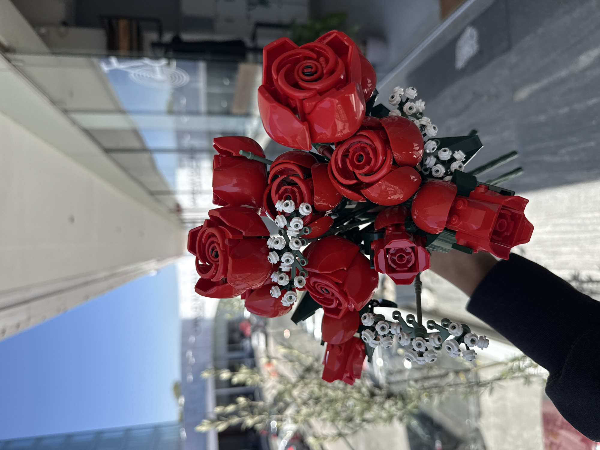 The image, originally captured in portrait orientation but presented rotated 90 degrees counter-clockwise, displays a hand holding a vibrant bouquet of red roses and white filler flowers, all meticulously crafted from LEGO bricks. A person's arm, dressed in a black long-sleeved top, extends from the lower right portion of the frame (if viewed upright), presenting the bouquet towards the center. The red roses exhibit distinct brick formations, with individual petals and spiraling centers, while smaller white flowers are clustered on green stems, adding detail.
The background, softly blurred, reveals an urban outdoor setting under bright daylight, indicative of a clear and sunny day. Reflections on what appears to be a large glass facade or window show a deep blue sky, modern buildings, and some distant greenery. These reflections hint at the photo being taken either through a glass structure or with a reflective surface in the foreground, against the backdrop of Puebla, Mexico. No visible text is present.