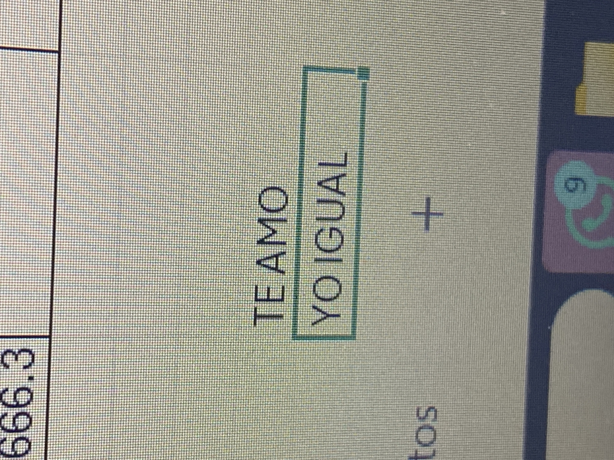 A rotated, close-up photograph captures a pixelated digital screen, likely a computer monitor or tablet, displaying a spreadsheet-like application with a visible grid pattern.
On the left side of the screen, a column contains the number "666.3". Towards the center, vertically oriented text reads "TE AMO" (Spanish for "I love you") in one cell. Below it, another cell outlined with a distinct green border contains the text "YO IGUAL" (Spanish for "me too" or "me equally"). Further to the right, a black plus sign (+) is visible against the light background. On the far right, parts of other interface elements are visible, including a rounded icon containing the number "9" in a turquoise/greenish circle, and another abstract shape below it. The screen's background is a light gray or off-white, characteristic of many digital interfaces. The heavy pixelation and visible subpixels indicate the image is a photograph taken directly of a screen rather than a digital screenshot. The visible text suggests a personal message or note rather than typical spreadsheet data.
