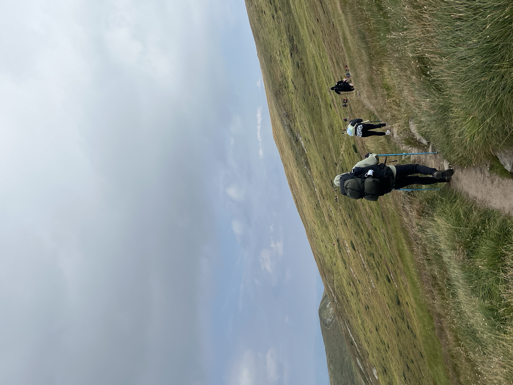 The image shows a group of hikers on a grassy mountain trail in Luhy, Ukraine. The sky is overcast with scattered clouds. The terrain is a gentle slope covered in green grass and wildflowers. The hikers are walking uphill, some using trekking poles. The person in the foreground is wearing a backpack and dark clothing, with blue trekking poles. Other hikers are visible further up the trail, also equipped with backpacks. The path is made of dirt and stones. The overall scene depicts a hiking activity in a mountainous natural environment.