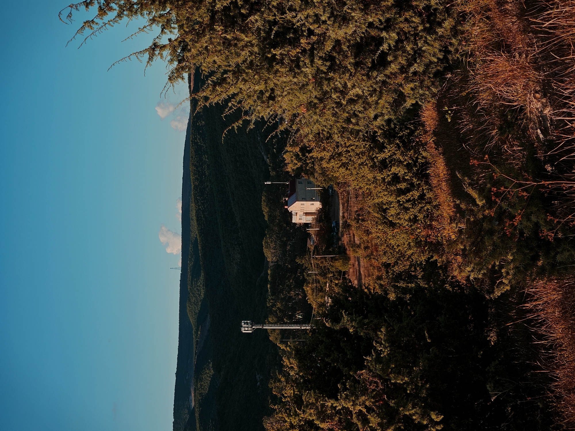 This is a medium shot, taken from a high vantage point, of a rural scene in the city of Sukko, Russia. The image features a light-colored, multi-story building with a red roof situated in the middle ground, surrounded by dense green trees and vegetation. A tall, metallic cell tower stands to the left of the building. In the background, rolling hills covered in dark green trees recede into the distance under a clear, pale blue sky with a few wispy white clouds. The foreground is filled with dry, golden-brown grass and more dense foliage, suggesting an autumn setting. The lighting indicates it is likely late afternoon or early morning, with long shadows cast across the landscape. There are no people visible in the image.