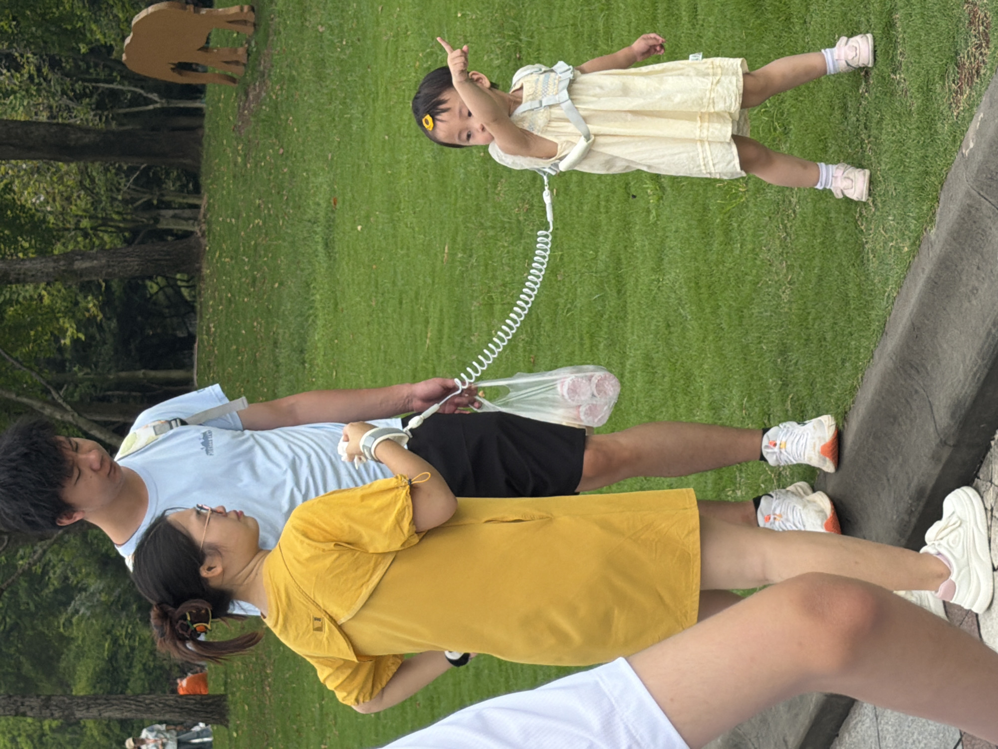 In a grassy park area in Jiulongpo District, China, a family is present. A woman in a yellow dress stands to the left, facing right, with her back to the viewer. She has dark hair pulled back in a bun and wears glasses. Next to her, a man in a light blue t-shirt and dark shorts stands facing right. He holds a clear plastic bag containing several items. A young child, wearing a light yellow dress and pink shoes, stands in the center of the frame, facing left and pointing. A retractable leash connects the child's harness to the woman's wrist. The background consists of lush green grass, trees, and a brown, cutout-style elephant sculpture. The scene suggests a leisurely outing in a park.