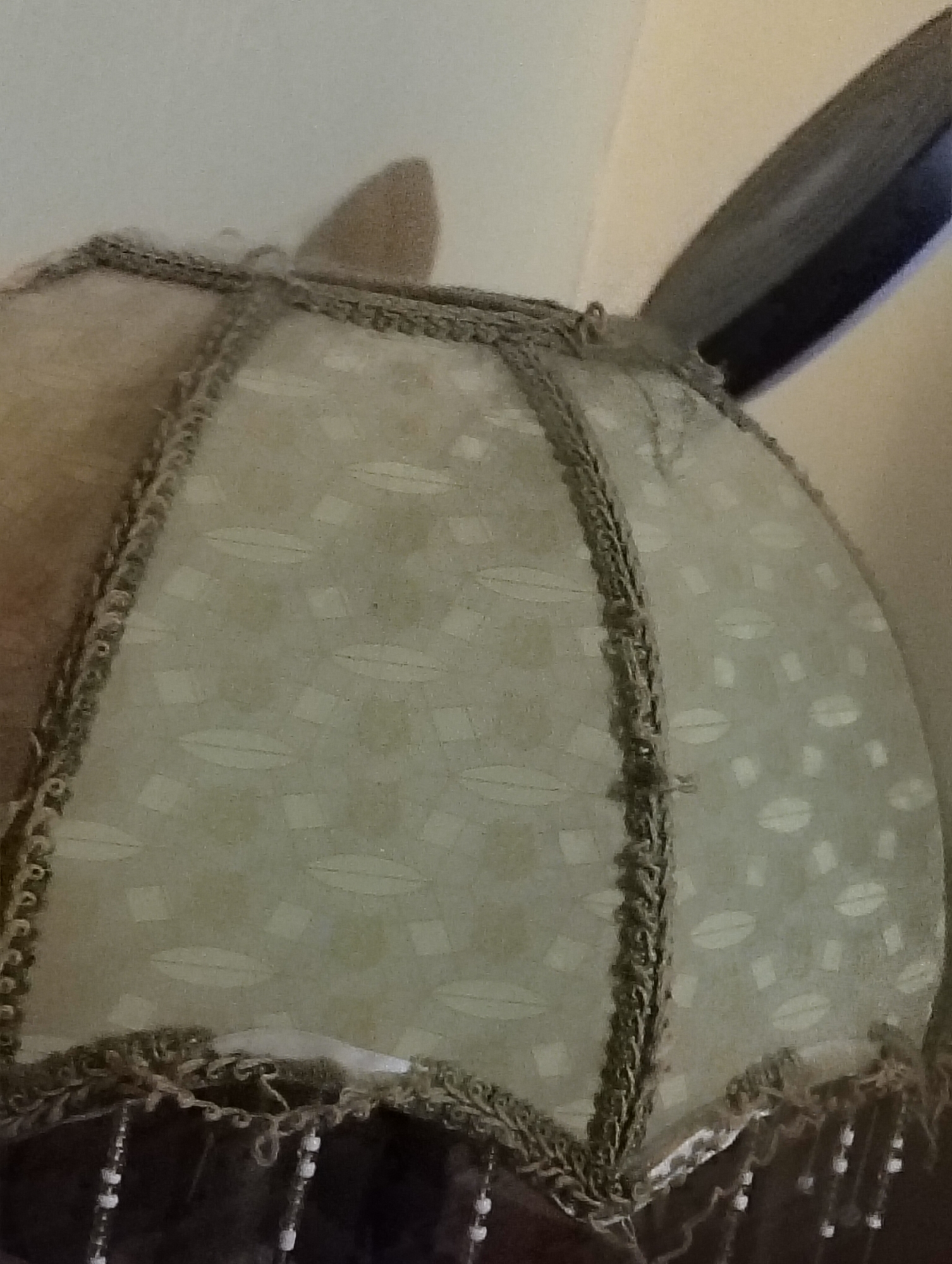 The image displays a close-up, low-angle view of a light-colored lampshade with a subtle patterned texture. The lampshade has decorative trim along its seams and a fringe of beads and twisted cords hanging from its bottom edge. A dark, curved object, possibly part of a lamp base or a wall fixture, is visible in the upper right portion of the frame. A small, pointed, tan object, resembling a decorative accent or a part of a stylized element, protrudes from the top of the lampshade on the left. The background is a plain, light-colored surface, likely a wall. The lighting appears to be ambient and soft. The image's context within the city of Payagaboh, Indonesia, is not discernible from the visual information presented.