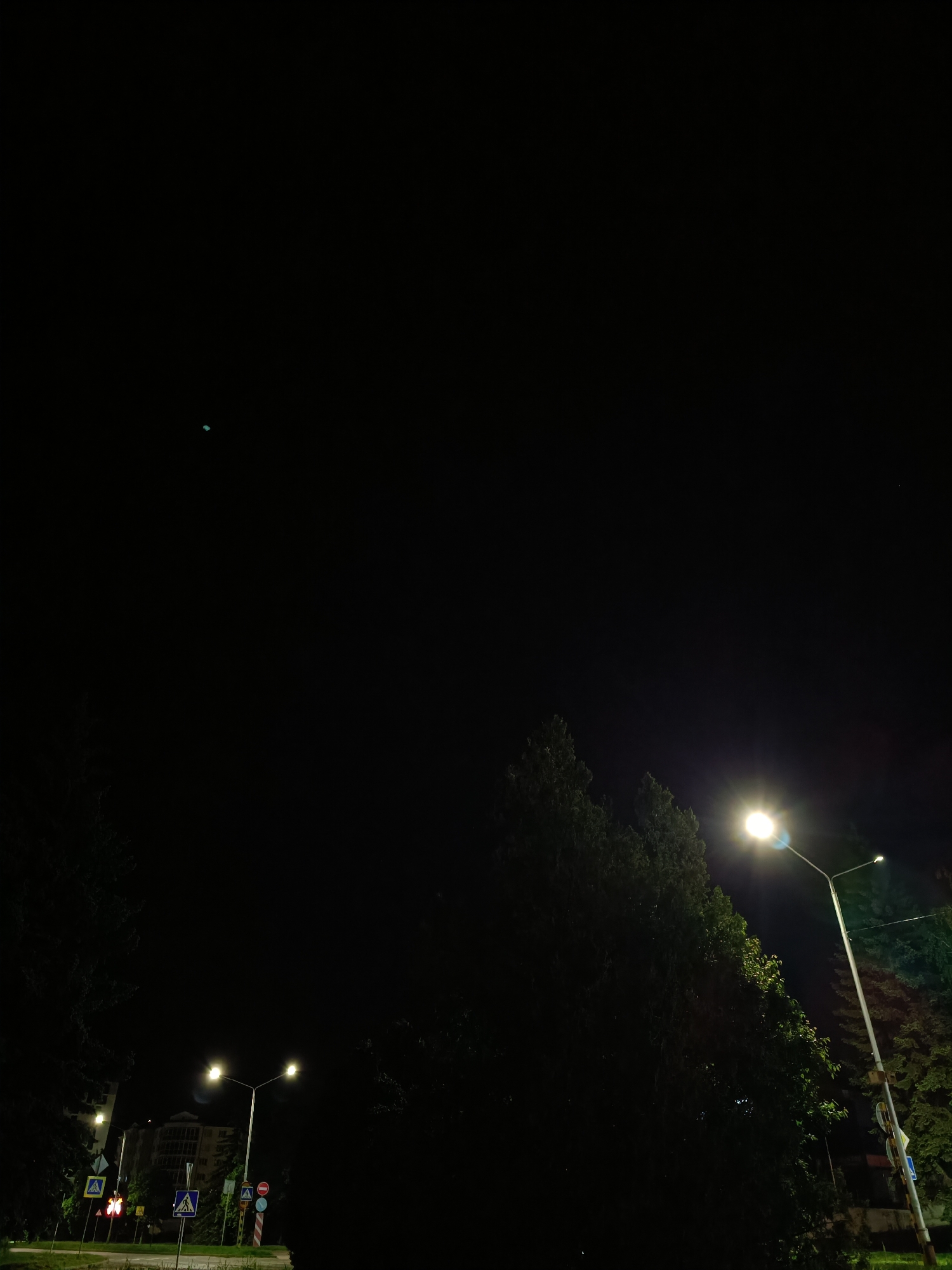 The image presents a nighttime urban landscape in Lermontov, Russia. The sky, occupying the upper two-thirds of the frame, is entirely dark, with the sole exception of a faint, small, bright green-blue streak in the upper left quadrant, likely a lens flare or reflection.
In the lower left portion of the image, a road intersection is visible, flanked by dark tree silhouettes. Two streetlights on a single pole provide warm, yellow-white illumination to this section of the street. Prominent road signs include two blue square pedestrian crossing signs, a red triangular intersection warning sign, a red circular "No Entry" or "Give Way" sign, and a red triangular sign indicating a curve to the right. Behind these signs, a traffic light is visible, displaying a red signal. A multi-story building, appearing residential or commercial, is partially discernible in the background, mostly obscured by trees and darkness.
The lower right quadrant features a single, tall streetlight emitting a strong, bright white light that creates a significant glare effect. This light partially illuminates the dense foliage of a cluster of trees, revealing their green leaves against the darkness. Another faint, diffuse light source is barely visible further to the right, behind these trees. The scene is devoid of people, vehicles, or any discernible activity.