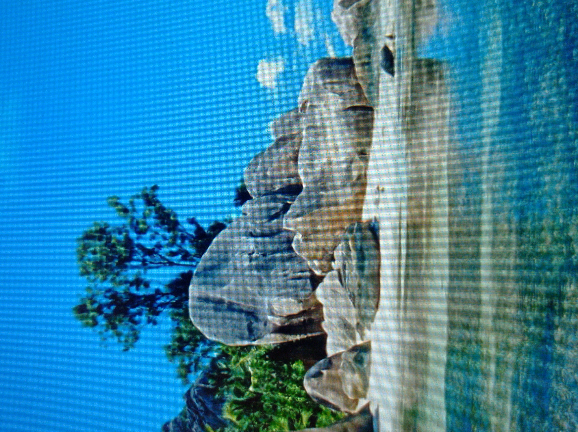 This is a photograph of a tropical beach with large granite boulders scattered on the white sand. Lush green vegetation, including trees, grows behind the boulders. The water in the foreground is clear and appears shallow, revealing the sandy bottom. The sky is a vibrant blue with a few scattered white clouds. The scene depicts a natural landscape. There is no indication of the city of Mukachevo, Ukraine, in this image.