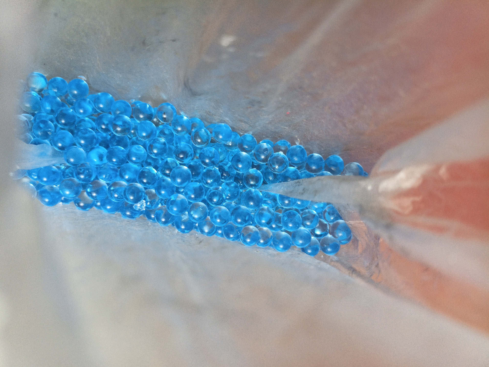 The image shows a close-up, high-angle view of a collection of small, translucent blue spheres, possibly water beads or marbles, nestled within a folded, translucent material that appears to be plastic packaging. The spheres are arranged in rows and clumps, with some individual spheres and some clustered together. The lighting creates highlights and reflections on the spherical surfaces, emphasizing their transparency and smooth texture. The surrounding material is a pale, off-white or gray, with a slightly textured surface. In the background, the material appears to transition to a warm, orangey-pink hue, suggesting the presence of light or another colored object beyond the immediate focus. The scene is devoid of any identifying features related to West Jakarta, Indonesia, or any human presence. The overall impression is a still life composition focusing on the abstract shapes and textures of the blue spheres and the packaging.
