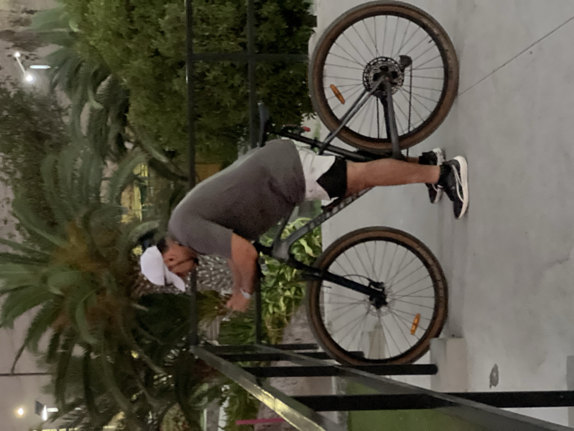 A man is performing a bike stand on a mountain bike next to a black iron fence. He is wearing a gray t-shirt, white shorts, black shoes with white soles, and a white hat. The background includes palm trees and other greenery, suggesting a location in a park or outdoor area. The image is oriented at an odd angle, and the precise location in Arica, Chile, cannot be determined from the visual data provided.