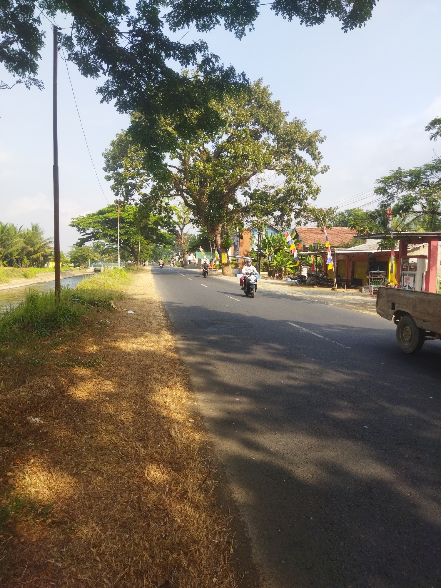 This image depicts a street scene in Banjar, Indonesia, likely during daylight hours. A paved road runs diagonally across the frame from the bottom right to the upper left. The road is lined with dry grass and vegetation on the left, and on the right, there are buildings, some with red tile roofs, adorned with colorful flags. A large, mature tree with dense green foliage dominates the mid-ground.
Several motorcycles are visible on the road; one rider, wearing a white shirt and helmet, is in the left lane, and another is further ahead in the right lane. A partially visible, weathered flatbed truck is parked on the right side of the road. A canal or waterway is situated to the left of the road, bordered by grassy embankments and some palm trees. A utility pole stands tall on the left side of the road. The sky is bright and clear with some wispy clouds. The overall impression is a rural or semi-rural road in a tropical environment.