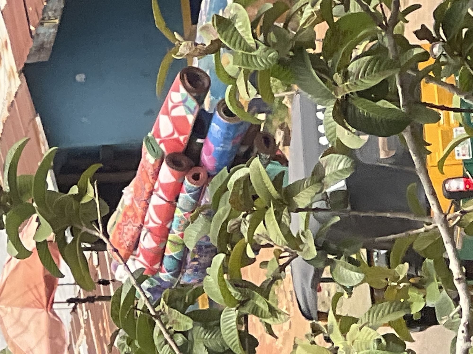 A collection of rolled-up rugs with geometric patterns in red, white, green, and blue are stacked on a surface. The rugs are in the foreground, partially obscured by lush green foliage. Behind the rugs, a teal-colored wall with a rusted corrugated metal roof is visible. In the background, a portion of a gray awning or canopy can be seen. The scene appears to be outdoors, with hints of a street or marketplace environment. The presence of an auto-rickshaw, commonly known as an "okada" or "keke napep" in Nigeria, suggests an urban setting. Jos, Nigeria is a city in the Middle Belt region, known for its cooler climate and diverse population. The image captures a snapshot of daily life in a bustling urban environment.