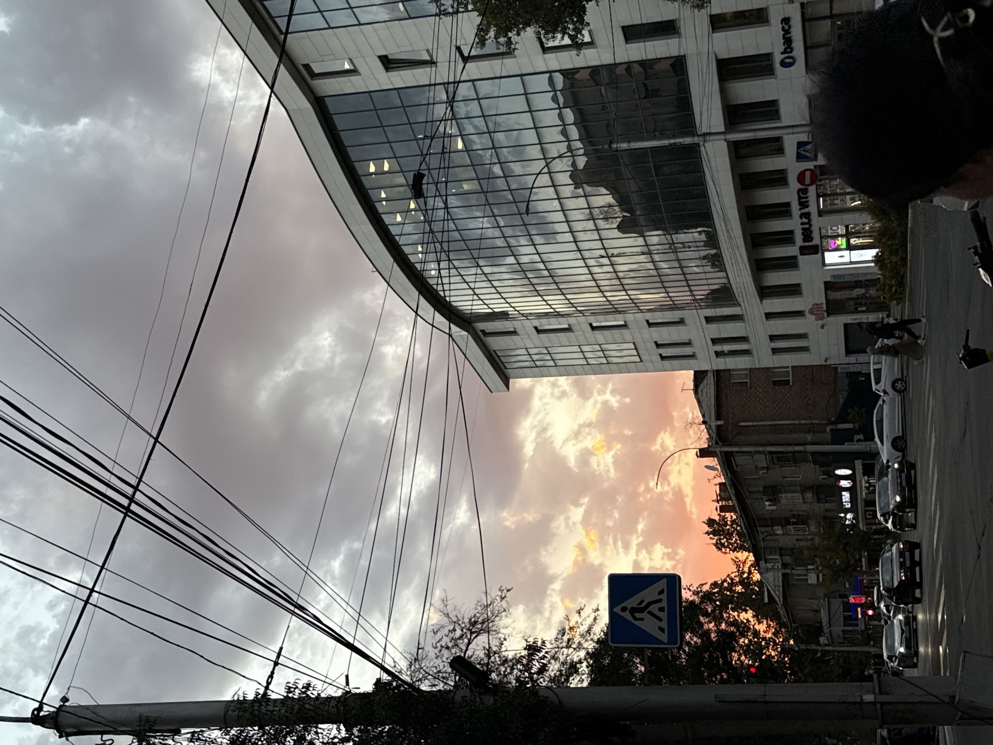 The image depicts a street scene in Bishkek City, Kyrgyzstan, during what appears to be sunset. The sky is filled with dramatic, colored clouds, ranging from gray to vibrant oranges and yellows. A modern, curved building with a glass facade dominates the right side of the frame, reflecting the sky and surrounding environment. Numerous power lines crisscross the sky, intersecting with the view of the building and the clouds. On the left, a utilitarian concrete pole supports these power lines, with some foliage growing on it. A blue pedestrian crossing sign is visible on this pole. In the foreground, a street with cars driving on it is visible. Several cars are seen on the road, including a white sedan on the far right, dark sedans in the middle, and a lighter colored sedan on the left. The street is paved and has visible lane markings. Several buildings are visible behind the cars, including apartment buildings and what appear to be commercial establishments with illuminated signs. The overall impression is a blend of urban infrastructure and natural atmospheric conditions.