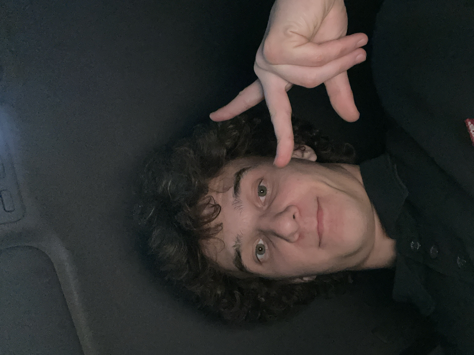 The image is a selfie taken from a low angle inside a vehicle. The subject is a young male with curly brown hair, green eyes, and fair skin. He is wearing a dark collared shirt. He is smiling and holding up two fingers in a peace sign. The background is dark and appears to be the interior of a car, possibly the headliner. There are no discernible elements in the image that can be used to determine its location within the city of Krasnoyarsk, Russia.