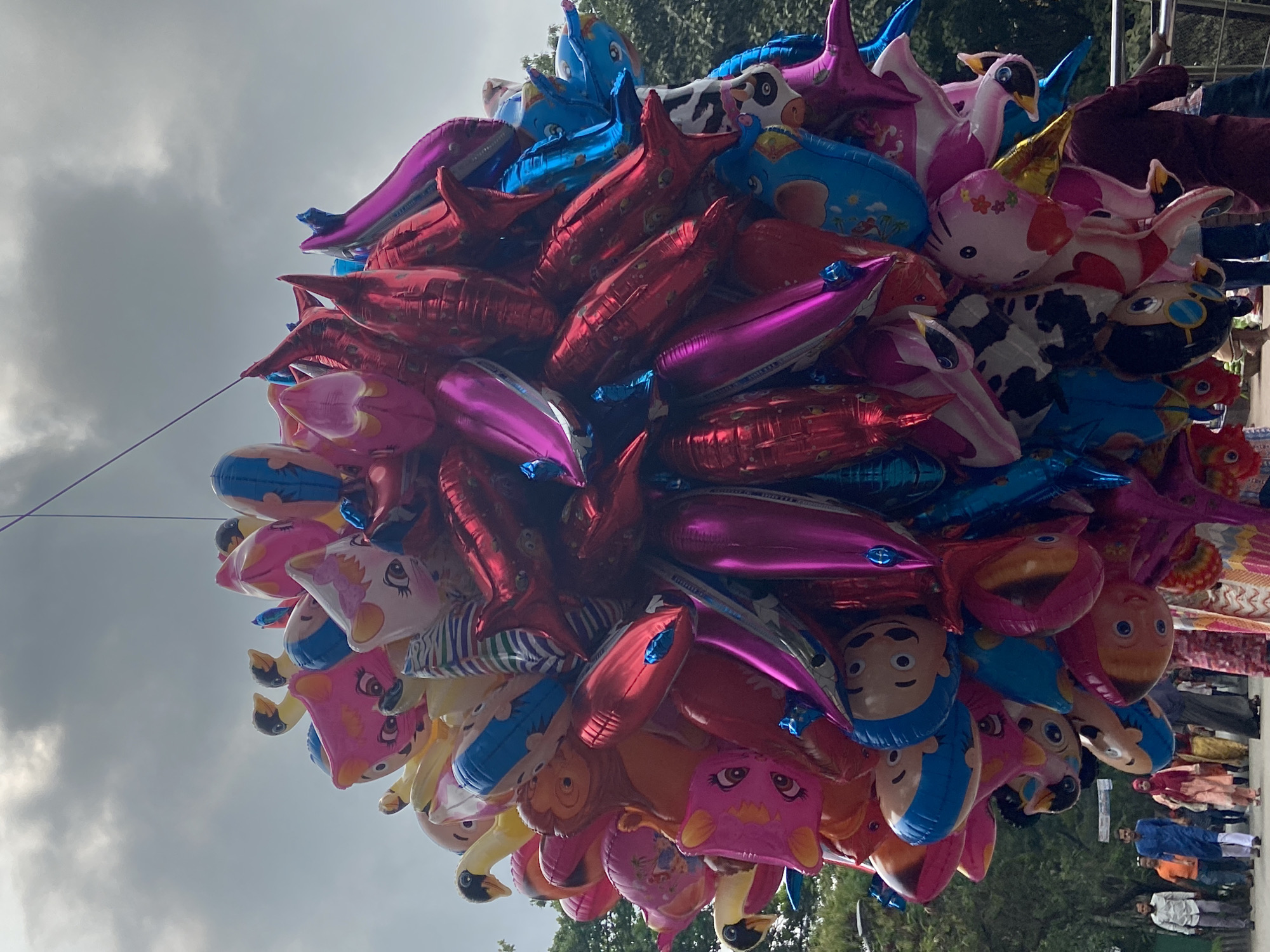 A large cluster of brightly colored novelty balloons is being held against a partly cloudy sky. The balloons include a mix of shapes and characters, such as dolphins, swans, cartoon faces, and animals like cows. People are visible in the background, suggesting an outdoor event or market setting. The location is Dhaka, Bangladesh, implied by the image's origin.