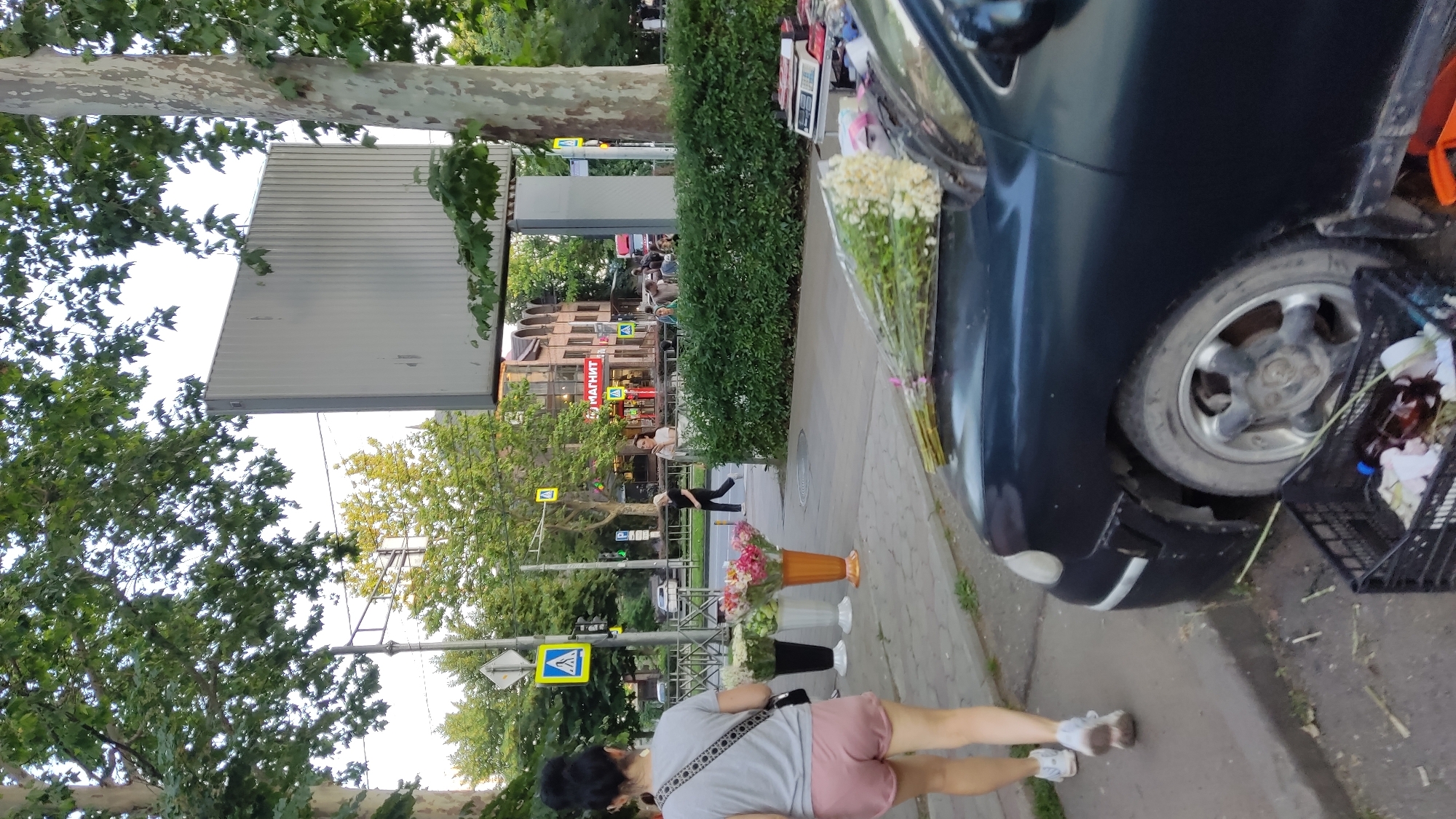 The image shows a street scene in Krasnodar, Russia, with several people and objects. In the foreground, a woman with short dark hair and pink shorts is walking away from the camera. She is wearing a grey t-shirt and white sneakers. To her left, there are two large vases filled with flowers. A dark-colored car is parked on the side of the road, with a bouquet of white flowers resting against its side.
In the background, there are buildings with storefronts, including one with the Russian text "МАГНИТ" visible. Several people are seen walking on the sidewalk and near the buildings. Traffic signs are also present, including a pedestrian crossing sign. Trees with green foliage line the street. The scene appears to be taking place during the daytime, possibly in the late afternoon or early evening, given the lighting. The weather seems to be clear. The overall impression is a typical urban street scene with everyday activities.