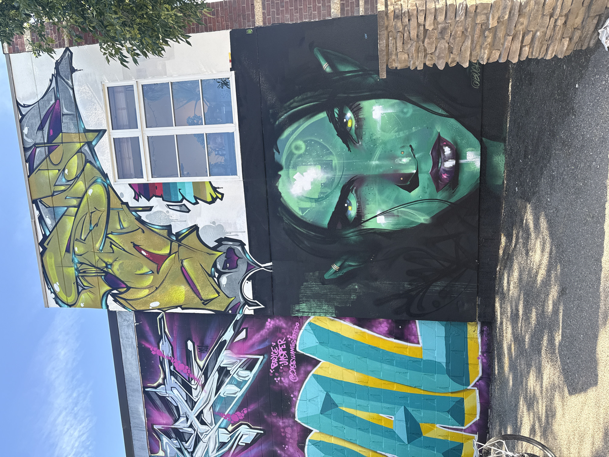 In Calgary, Canada, a mural covers the side of a building. The mural features a vibrant green face with striking yellow eyes, pointed ears, and dark hair. The face is detailed with shadows and highlights, and has a mystical or alien appearance. To the left of the green face, there is graffiti with large, stylized letters in turquoise and yellow, on a black and purple background. Above this, there is more graffiti with sharp, angular shapes in silver, white, and magenta. Further up, a large, yellow and green abstract graffiti design dominates the top portion of the wall, with some purple accents. A white-framed window with multiple panes is visible within this upper graffiti section. The building's exterior is a mix of white painted brick and red brick on the right side. In the foreground, a paved area with scattered debris and dappled sunlight from trees casts shadows on the ground. A portion of a bicycle wheel is visible on the left side of the frame.