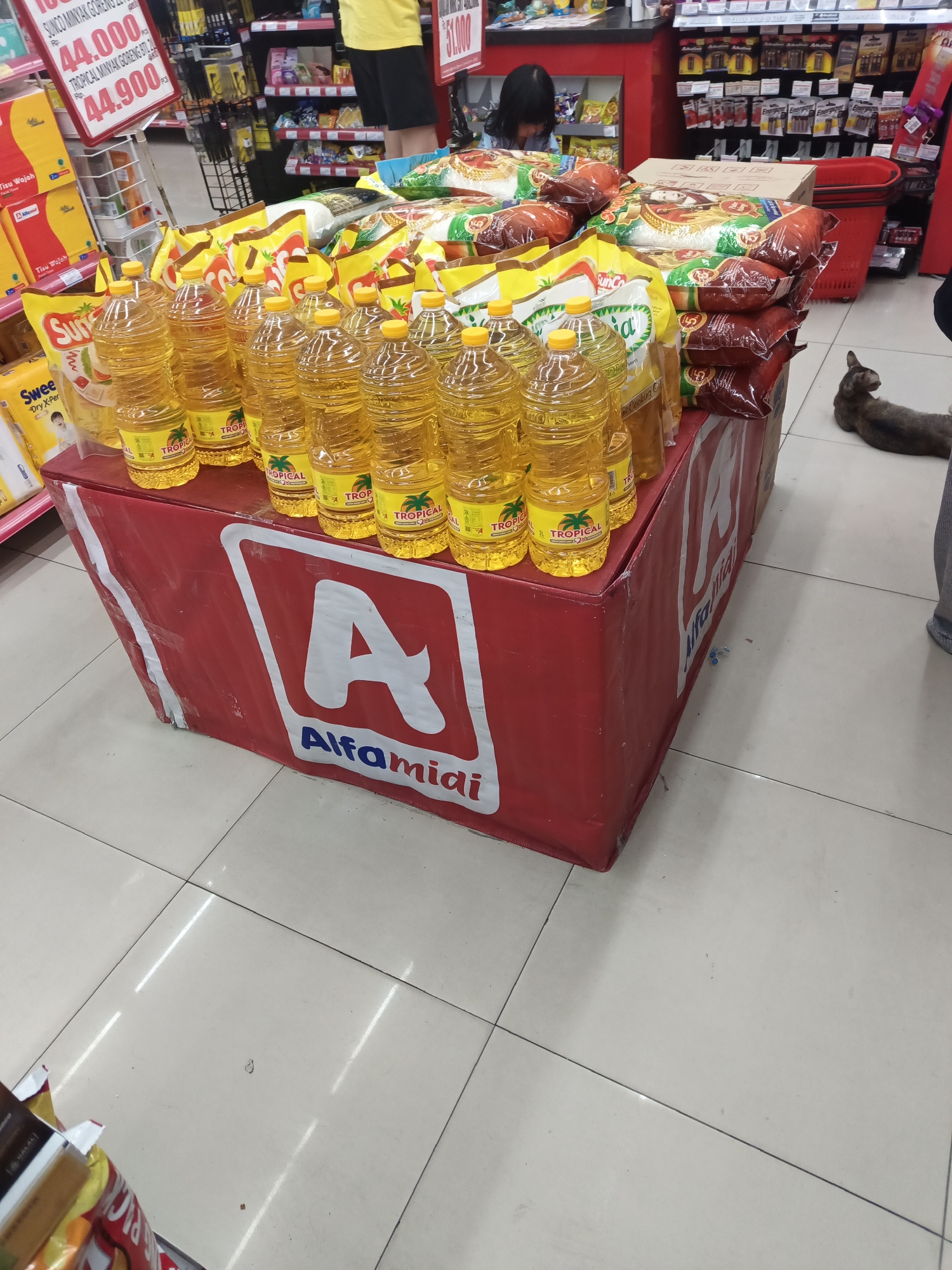 The image depicts a display of cooking oil bottles on a red platform with the "Alfamidil" logo in North Jakarta, Indonesia. The platform is covered with a red cloth and topped with numerous bottles of cooking oil, mostly of the "Tropical" brand. Behind the oil bottles, there are stacks of rice bags and other packaged goods. In the background, shelves are stocked with various items, and a person is visible, likely a store employee, wearing a yellow shirt. A cat is also present, lying on the tiled floor. The overall environment suggests a retail setting, likely a grocery store or minimarket.