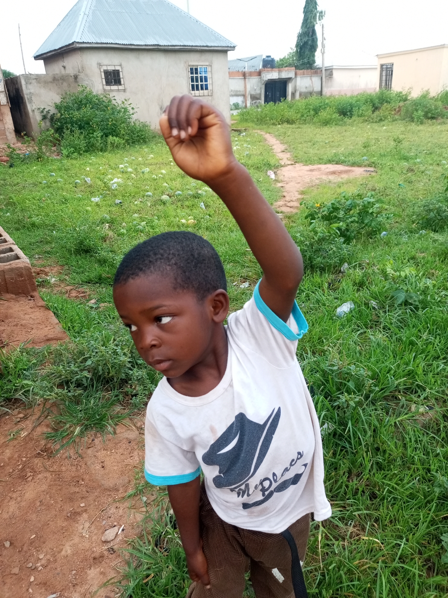 A young boy stands in a dirt and grassy area, looking to his left with his right arm raised. The boy is wearing a white t-shirt with a blue trim and a dark graphic design on the front, and brown patterned shorts. In the background, there is a light gray building with a silver corrugated roof, a dirt path, and dense green vegetation. The overall environment appears to be a rural or semi-urban area, likely in Tempure, Nigeria, characterized by the rustic buildings and overgrown landscape. The image captures a candid moment of the boy in an outdoor setting.
