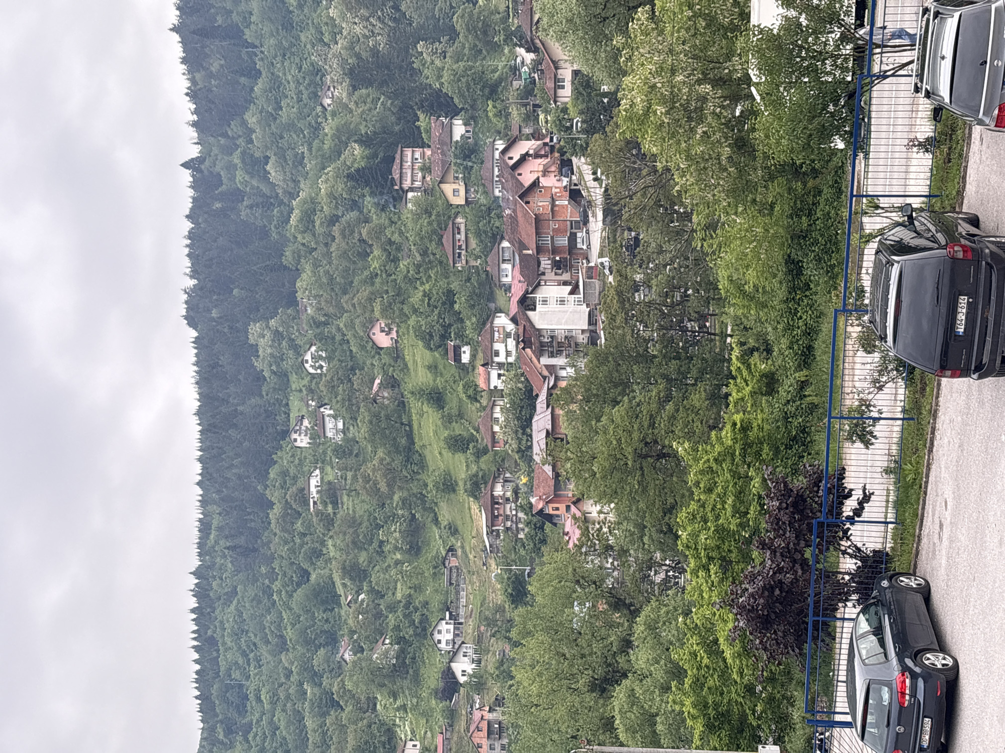The image shows a hillside residential area in Foča, Bosnia and Herzegovina, viewed from an elevated position. The hillside is densely covered with trees and interspersed with houses, many of which have red-tiled roofs. The houses are located on the hillside and in the valley. On the right, a metal fence separates the viewpoint from a road. Two parked cars are visible on the road: a silver SUV and a black hatchback. The sky is overcast, suggesting a cloudy or hazy day.