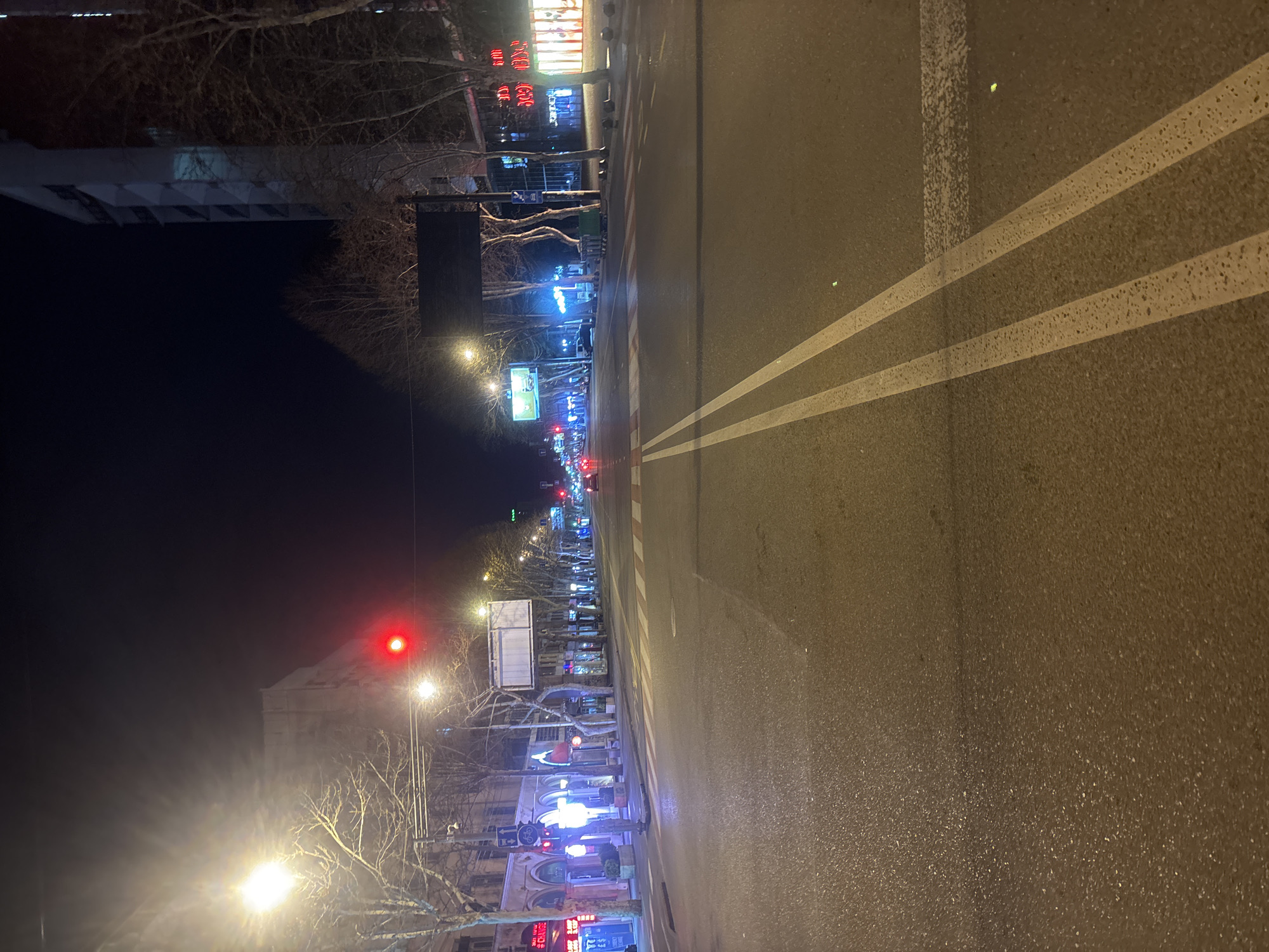 The image depicts a night view of a street in Tbilisi, Georgia. The foreground shows a wet asphalt road with double white lane markings. On the left side of the street, there are buildings with illuminated storefronts and bare trees along the sidewalk. Streetlights are visible, casting a yellow glow. In the distance, traffic lights are visible, some red, indicating halted traffic. The sky is dark, and the overall scene suggests an urban environment at night. There are no people visible in the image.