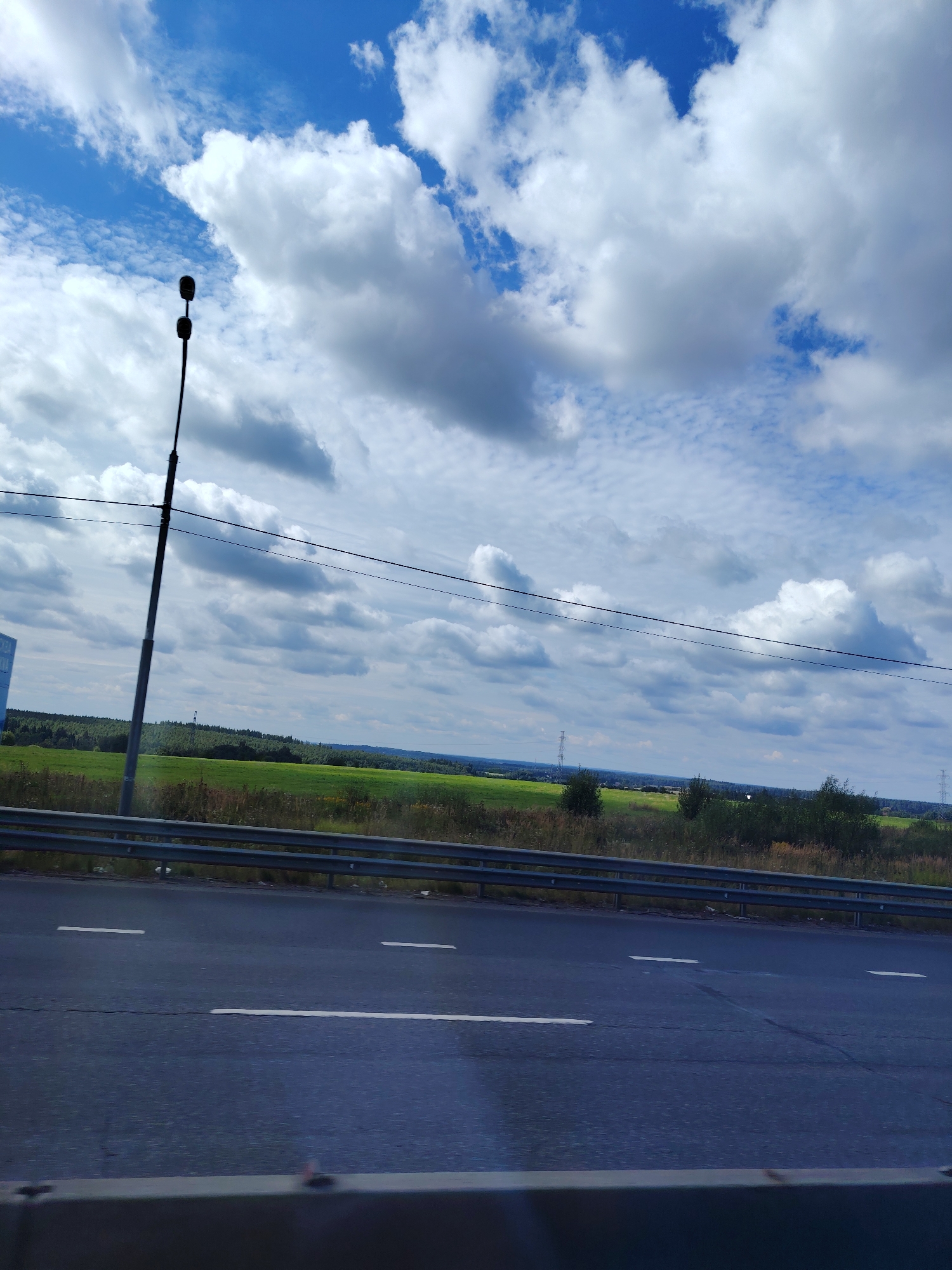 An outdoor, medium-shot, eye-level, sideways photograph shows a highway and a distant landscape under a partly cloudy sky. The sky, taking up the upper half of the frame, is a vibrant blue with large, fluffy white clouds scattered throughout. In the foreground, a dark asphalt highway with white lane markers stretches from left to right. A metallic guardrail separates the highway from the embankment. Beyond the guardrail, a strip of dry, brown grass and weeds is visible, followed by a vast expanse of bright green fields. In the far distance, a dense line of dark green trees forms a horizon, with a few tall, thin power transmission towers peeking out above them. A tall, dark lamppost, leaning slightly to the left, is positioned in the left half of the frame, with its two light fixtures pointing upwards. Two thin, dark wires run horizontally across the image, stretching from the lamppost towards the right. The overall impression is one of a rural highway scene on a sunny day. The image is located in the vicinity of Peshki, Russia.