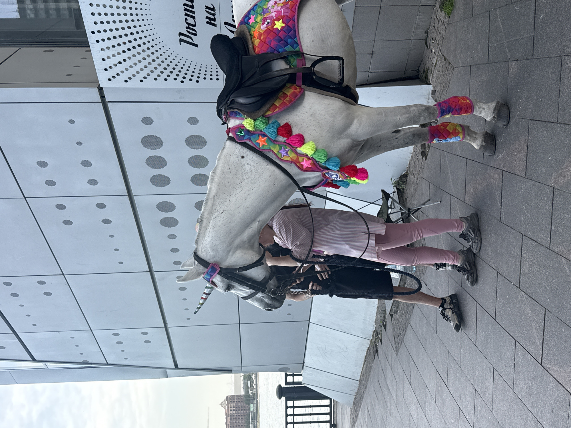 A white horse, adorned with rainbow-colored equipment and a unicorn horn, stands on a gray tiled surface next to a modern building in Rostov-on-Don, Russia. The horse is wearing a saddle, a rainbow-colored saddle pad, decorative tassels, and rainbow-colored leg wraps. A person in a striped shirt and pink pants is standing next to the horse, holding the reins. Another person in a black shirt is partially visible near the horse's head. In the background, a river is visible with a building across the water. The building adjacent to the horse has a white facade with circular patterns and Russian text on it.