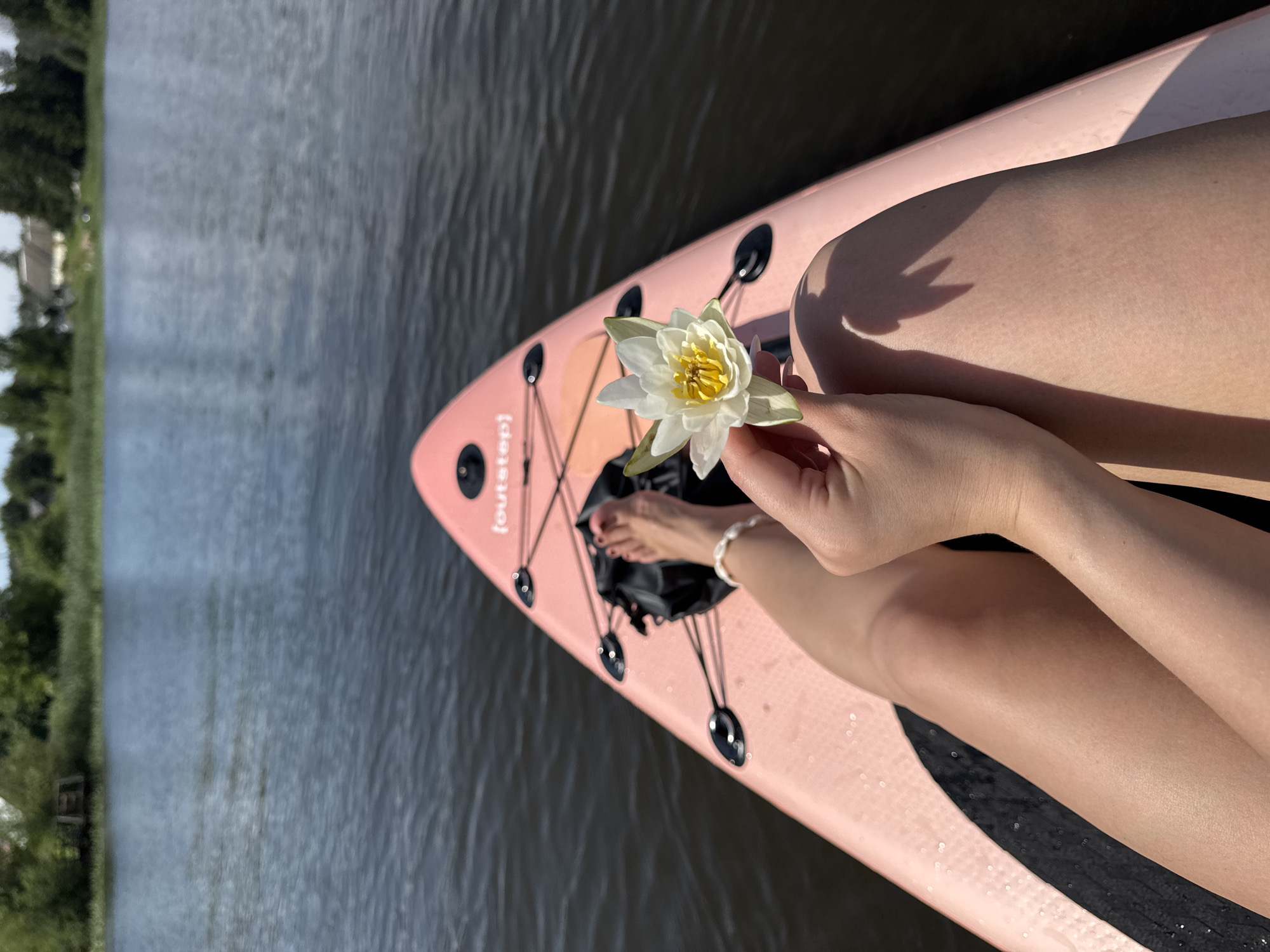 A first-person perspective shot shows a person holding a white water lily in their hand while sitting on a pink paddleboard in a body of water. The paddleboard is positioned at an angle, with the person's legs and feet visible in the foreground. A black dry bag is placed near the person's feet. The water is calm and reflects the blue sky and the green trees and buildings visible on the distant shoreline. The scene appears to be set on a sunny day.