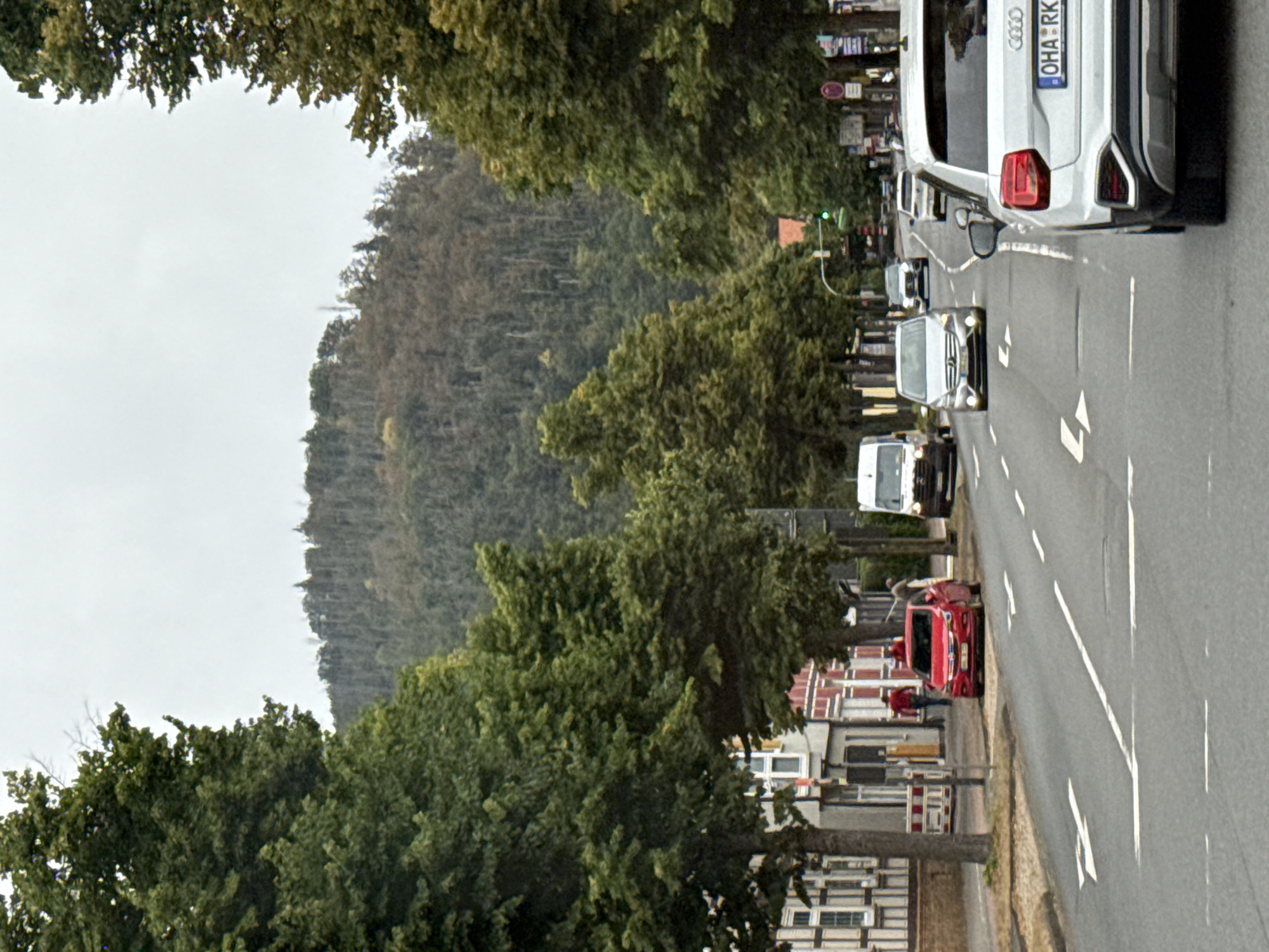 The image shows a street scene in Bad Lauterberg im Harz, Germany. A white Audi Q2 is in the foreground, parked on the right side of the road. The car has a license plate that reads "OHA R K". Behind the Audi, other vehicles are visible on the road, including a silver Mercedes-Benz, a white van, and a red hatchback. The road is lined with trees on both sides, and buildings can be seen on the left side of the street. In the background, a wooded hill rises, with some trees appearing to be dead or discolored. The sky is overcast. There are two pedestrians visible on the sidewalk near the red car. The street has lane markings indicating a two-lane road. Traffic lights are visible in the distance, with one appearing to be green.