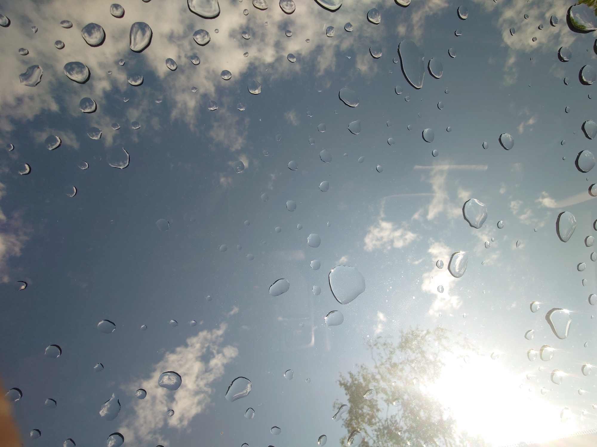 The image is a close-up, low-angle shot of a sky with scattered clouds, viewed through a surface covered in water droplets. The droplets distort the view of the sky and the clouds, creating a textured, abstract effect. The sun is partially visible on the left side of the image, casting a bright glare and reflecting off the water. Some faint tree branches are visible in the upper left quadrant. There are no people or specific landmarks visible in the image that would indicate its location in Sokolohirsk, Ukraine. The scene depicts a natural phenomenon of water on a transparent surface against a cloudy sky.