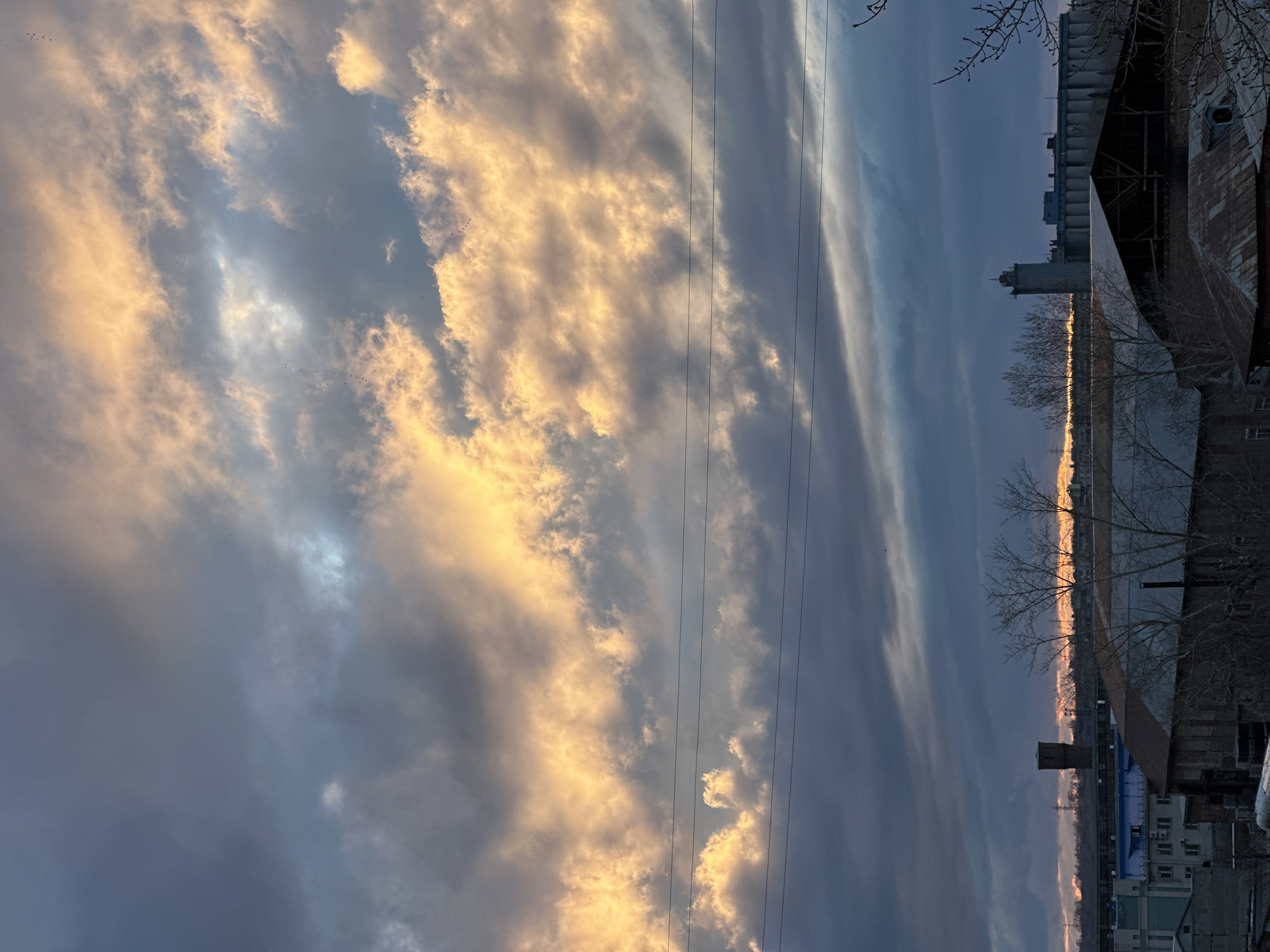 The image depicts a sky with dramatic clouds, illuminated by a golden light, likely at sunset or sunrise. Power lines cut across the sky. In the background, a cityscape is visible, featuring industrial buildings, including what appears to be a grain elevator or silo complex, a tall tower, and other structures. Bare trees stand silhouetted against the skyline. The location appears to be an industrial area within a city.