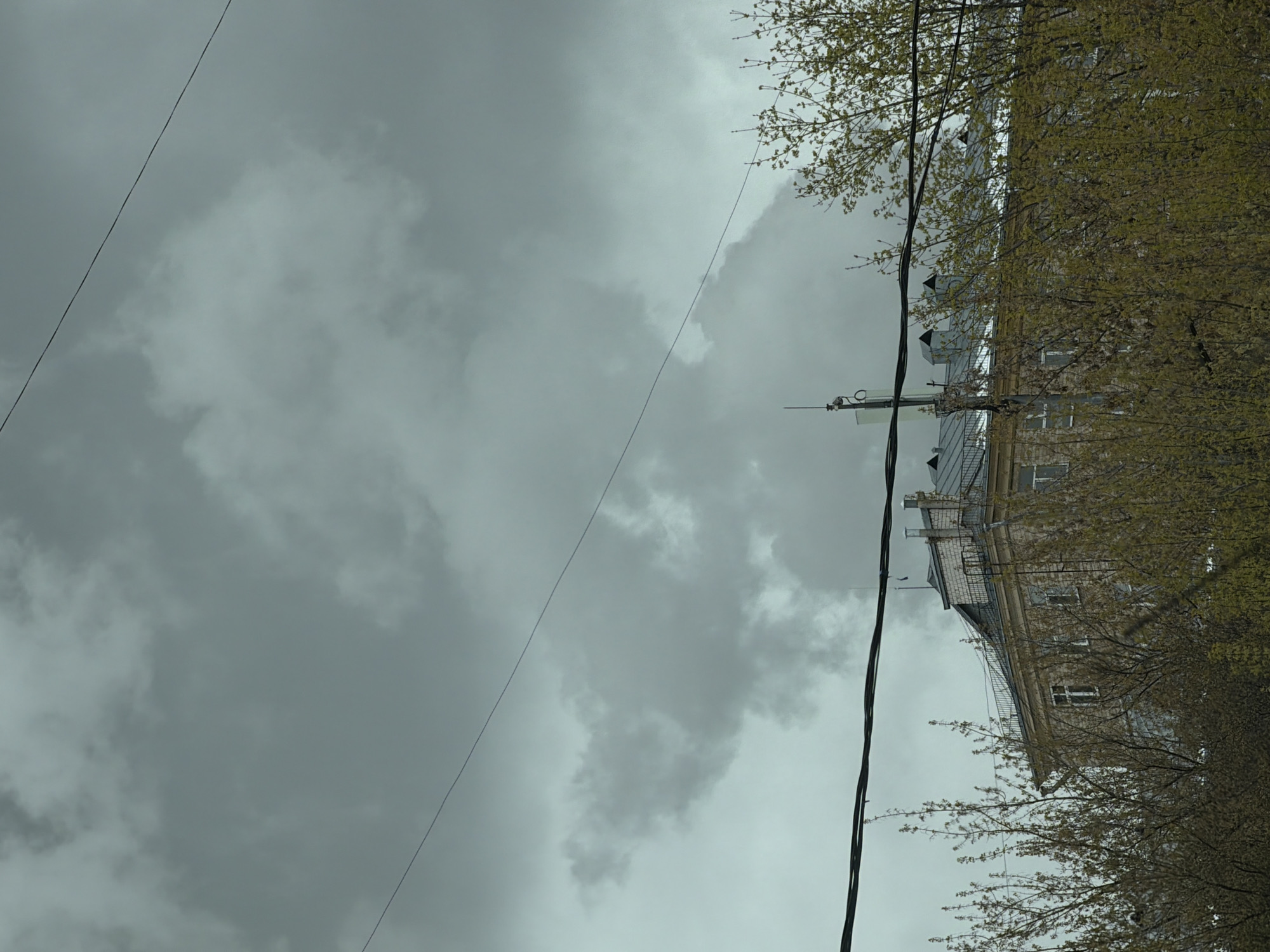 The image displays an overcast daytime scene dominated by a grey sky, with a building and budding trees framing the right side. The majority of the frame, particularly the upper left two-thirds, is filled with dense, dark grey clouds, indicating heavily overcast weather.
On the right side of the image, the branches of trees with sparse, light green foliage are visible, suggesting early spring. Beneath these trees, a multi-story building occupies the lower right quadrant. The building appears to be constructed of light-colored, possibly beige or pale yellow, brick or stone, with multiple windows visible along its façade. The roofline features several dark, possibly conical, structures or vents, and what looks like a metal railing. A prominent, tall, thin antenna or mast with some attached equipment stands on the roof.
Two sets of dark cables traverse the scene: a thin wire stretches diagonally across the sky from the upper left toward the middle-right, and a thicker bundle of black cables runs vertically along the right edge, partially obscured by the tree branches.
There is no discernible activity or event taking place; the scene is static. The time of day is daylight, but the heavy cloud cover prevents direct sunlight, creating a muted and diffused light. The architectural style and early spring vegetation are consistent with an urban or suburban setting, aligning with the provided location context of Khimki, Russia. No visible text is present in the image.