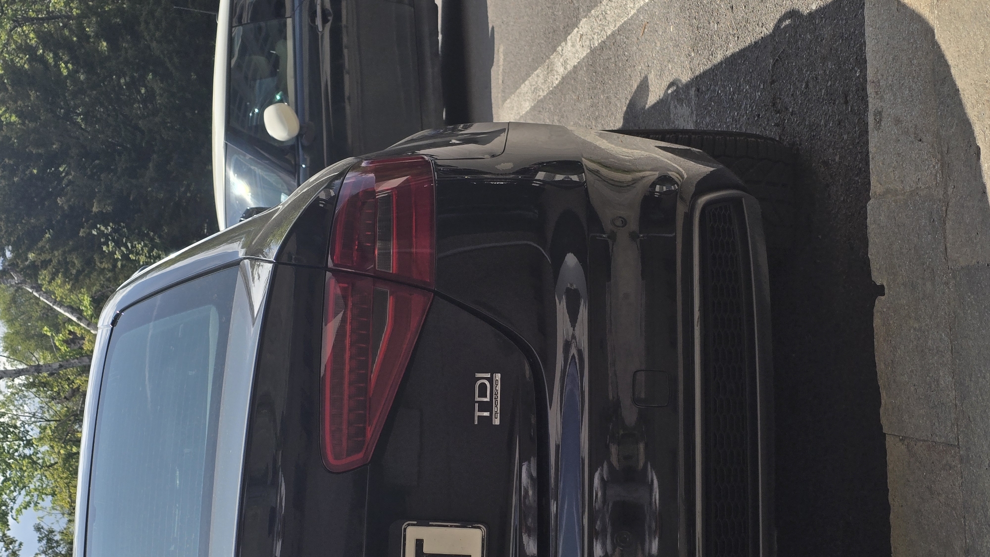 The image, taken in Sofia, Bulgaria, shows the rear view of a dark-colored (likely black or dark grey) Audi SUV, parked outdoors on an asphalt surface adjacent to a light-colored concrete curb. The car is oriented vertically in the frame, with its rear facing the viewer.
The Audi displays prominent red taillights with a segmented design. On the rear tailgate, silver "TDI" and "quattro" emblems are visible. A portion of a white license plate, with the top of a black character resembling "1", is partially visible at the bottom center. The lower right side of the bumper features a black, honeycomb-patterned grille or vent. The car's glossy surface reflects its surroundings, including trees and possibly the sky.
In the upper left background, a portion of another, lighter-colored vehicle (possibly silver or white) is visible, showing its side mirror. Behind the cars, green trees and foliage are present, indicating an outdoor setting with natural elements. Strong, well-defined shadows are cast on the asphalt and curb, suggesting bright sunlight and a clear day, likely midday or early afternoon. The scene depicts parked vehicles, with no active movement or specific event taking place.