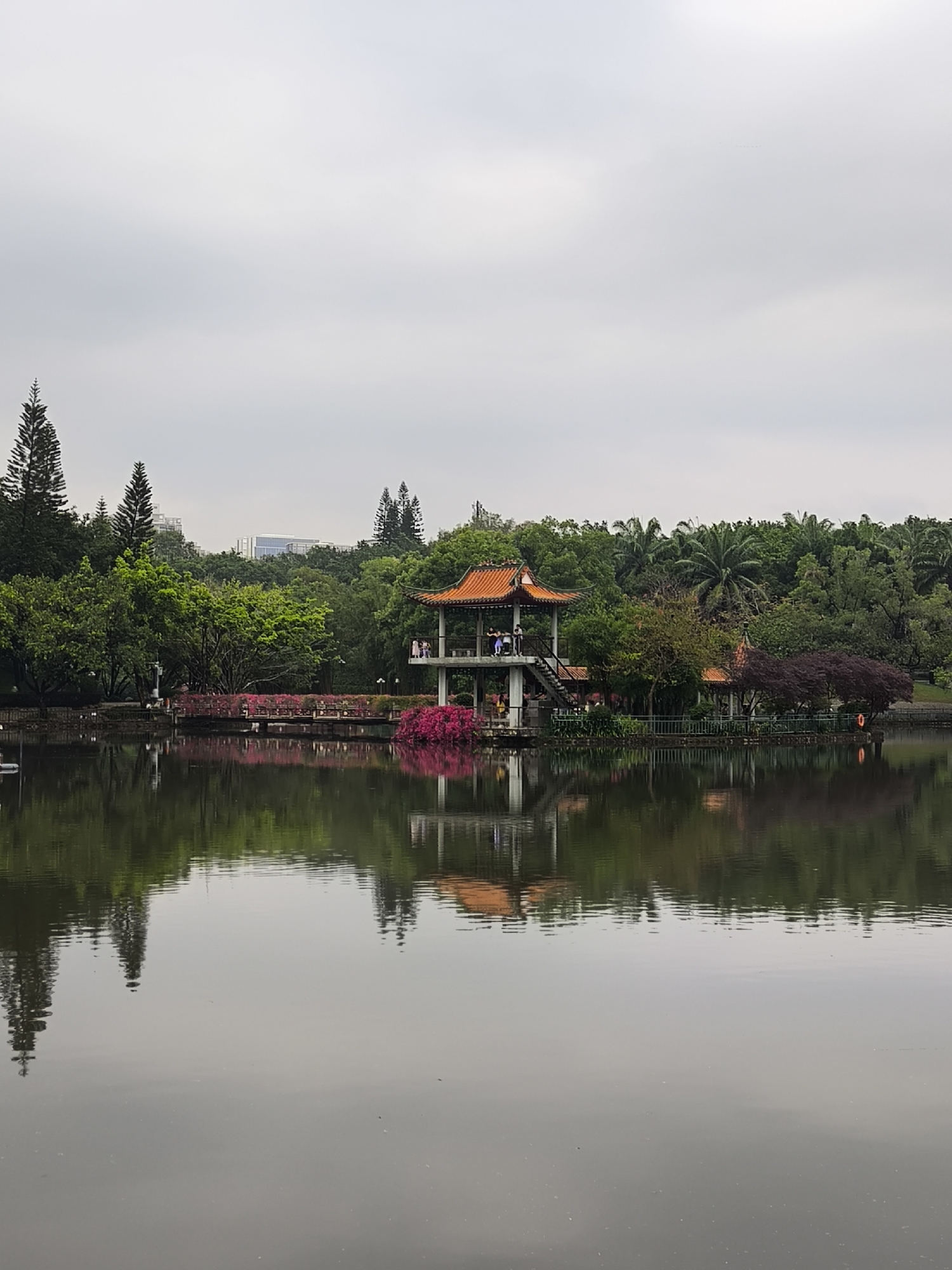 The image depicts a serene scene at Longgang Park in Longgang District, China. A placid lake reflects the surrounding lush greenery, including tall trees and various shrubs. A traditional Chinese pavilion with a red-tiled roof stands near the lake's edge, accessible by a bridge adorned with flowers. Several people can be seen on the pavilion. The sky is overcast, casting a soft, diffused light over the landscape. The water's surface is mostly still, allowing for clear reflections of the trees and pavilion. A life preserver is visible on the shoreline to the right of the pavilion.