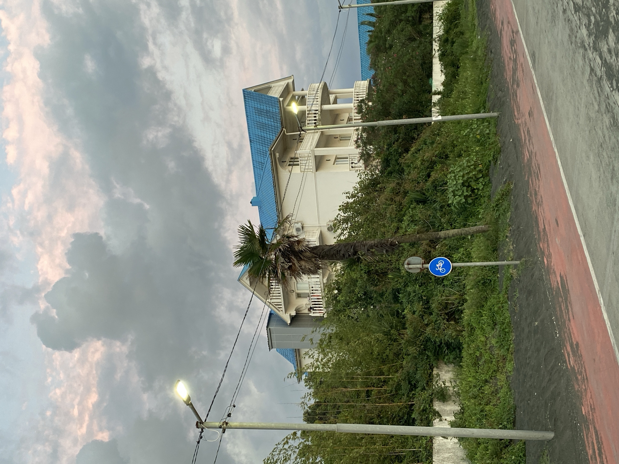 The image depicts a residential building with a striking bright blue tiled roof, characteristic of the architecture found in Ureki, Georgia, a coastal resort town known for its magnetic sand beaches. The building is multi-story with white balconies and appears to be situated on an elevated slope covered in lush green vegetation. A palm tree stands prominently in front of the building. In the foreground, a red-colored path, likely a bike lane or pedestrian walkway, is visible, contrasting with the dark sand or soil alongside it. A streetlamp illuminates the scene under a cloudy sky, with hints of pink and yellow in the clouds suggesting either dawn or dusk. A blue circular sign with a white bicycle symbol is mounted on a pole near the path, indicating a cycling area. The overall scene conveys a peaceful, possibly vacation-oriented atmosphere typical of a seaside town.