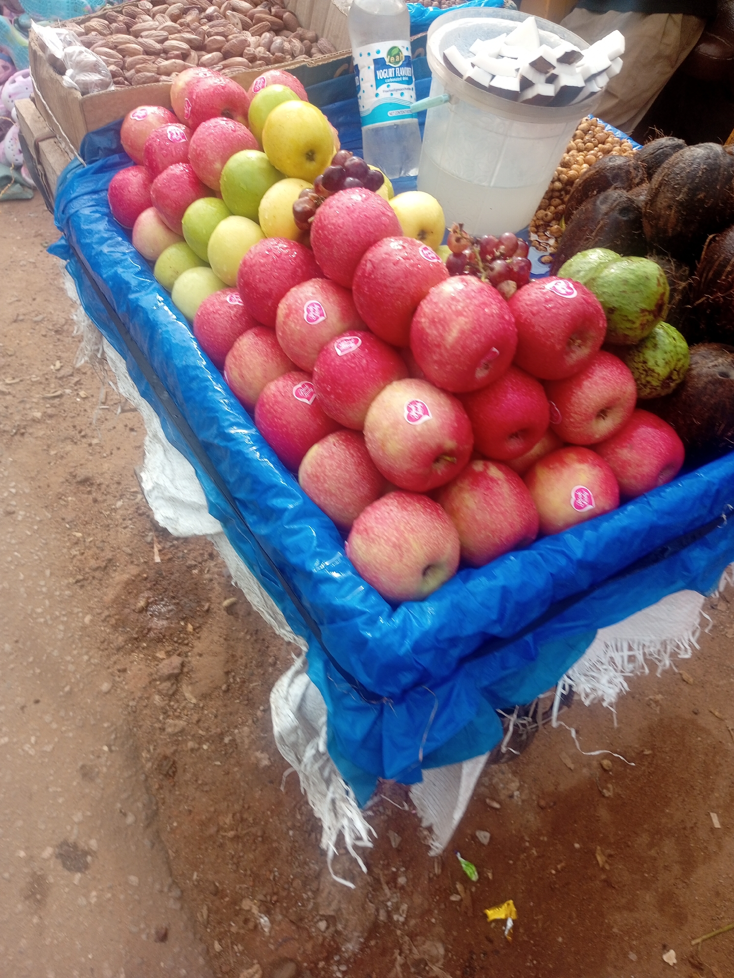 The image displays a vibrant fruit stall, likely in Maiburiji, Nigeria. The primary subjects are an assortment of fresh fruits, predominantly red and green apples, arranged in neat rows. Amongst the apples, there are also some yellow apples, a bunch of grapes, and in the background, a pile of coconuts and a box of dried nuts, possibly dates. A plastic container filled with chopped white pieces, appearing to be coconut pieces, sits on the stall, along with a bottle of "Real Yogurt Flavoured" drink.
The scene is set outdoors, with the ground appearing to be dirt, indicative of a market setting. The fruits are mostly wet, suggesting they might have been recently washed or are naturally dewy. The arrangement of the fruits suggests a vendor is selling them, and the presence of the yogurt drink and coconut pieces hints at related food or beverage offerings.
There are no people clearly visible in the frame. The lighting suggests it's daytime, with no specific weather cues apparent. The overall impression is one of abundance and freshness, typical of a local fruit market. The visible text on the bottle reads "Real Yogurt Flavoured" and "Chilled Dill".