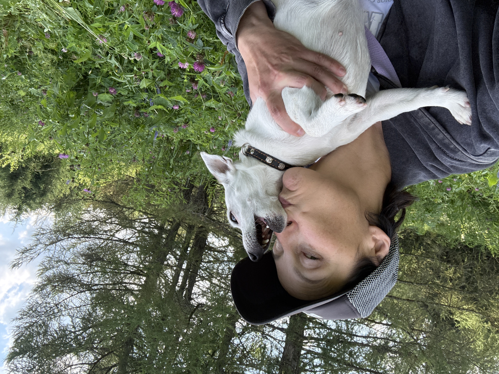 An outdoor selfie captures a woman wearing a black baseball cap with a white checkered brim and a dark gray zip-up hoodie. She is leaning in to kiss a small white dog with black markings around its eyes and ears. The dog is wearing a black collar with silver studs and is being held by the woman. They are positioned in the foreground, with a lush green environment of trees and wildflowers in the background. The location is identified as Lipovaya I, Russia.