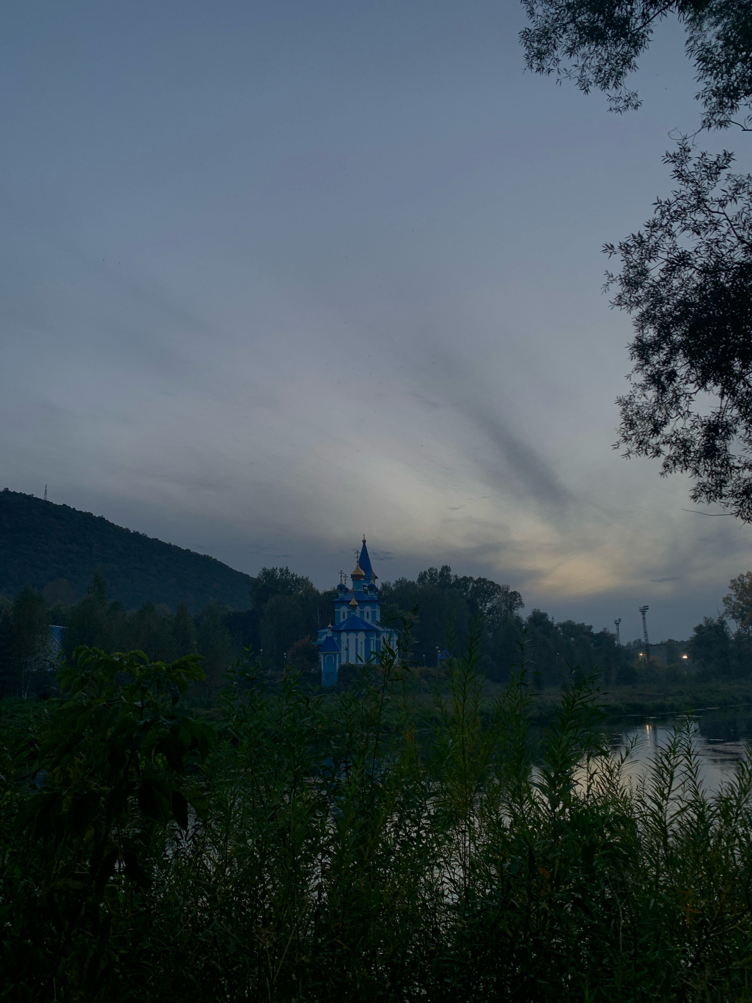 The image depicts a tranquil scene at dusk near the city of Asha, Russia. In the foreground, lush green foliage obscures the lower portion of the frame, with taller plants and leaves dominating the view. Beyond the vegetation, a calm body of water, likely a river or lake, reflects the subdued light of the sky. Across the water, a serene landscape unfolds. A rolling, tree-covered hill rises on the left, its slope partially obscured by the dim light. On the right side of the hill, nestled amongst trees, stands a strikingly blue and white orthodox church with golden domes. The sky above is a muted grey, with soft clouds creating a diffused light, suggesting the twilight hour. In the distance, beyond the church and trees, faint lights from what appear to be streetlights or industrial structures are visible on the horizon. The overall atmosphere is peaceful and serene, capturing a moment of natural beauty at the edge of a settlement.