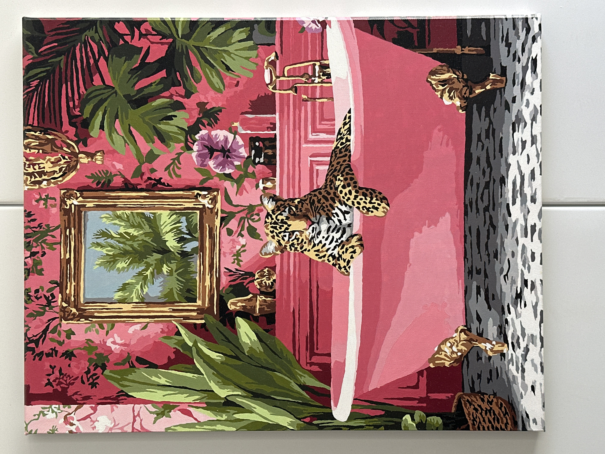 The image depicts a painting on canvas. The painting features a leopard lounging in a pink bathtub in a room with vibrant pink wallpaper adorned with floral and palm leaf motifs. A framed picture of palm trees hangs on the wall. Various decorative elements are present, including a golden chandelier, what appear to be bottles or vases on a shelf, and gold accents on the bathtub's feet. The floor has a patterned design. The scene appears to be indoors and is rendered in a stylized, somewhat flat artistic manner, consistent with a paint-by-numbers artwork. There is no indication of the city of Yessentuki, Russia, in the image.