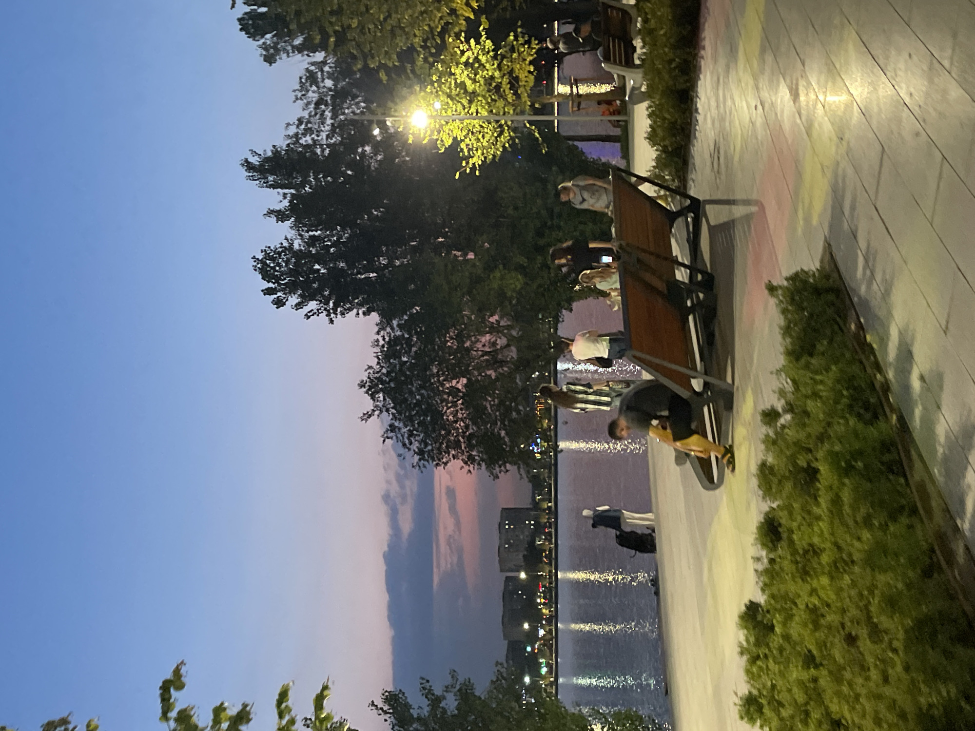 The image depicts a twilight scene at the Big Almaty Lake, located in the city of Almaty, Kazakhstan. The sky is a gradient of deep blue at the top, transitioning to hues of pink and purple near the horizon, indicative of sunset or dusk. The calm water of the lake reflects the lights of buildings and a street lamp.
In the foreground, a paved walkway runs alongside the water. There are several people visible. On the right side of the walkway, a man is seated on a modern, wooden bench, facing away from the camera, with his legs crossed. Further back along the waterfront, a group of people are standing and conversing. A person is pushing a stroller near the water's edge, and another individual appears to be standing next to them. In the middle ground, more trees with lush green foliage are present, some illuminated by a nearby street light.
The background shows a cityscape with several buildings, illuminated by artificial lights. The overall atmosphere is one of a tranquil evening gathering by the water. The foreground is dominated by green bushes and the patterned pavement of the walkway, which features colorful geometric shapes.