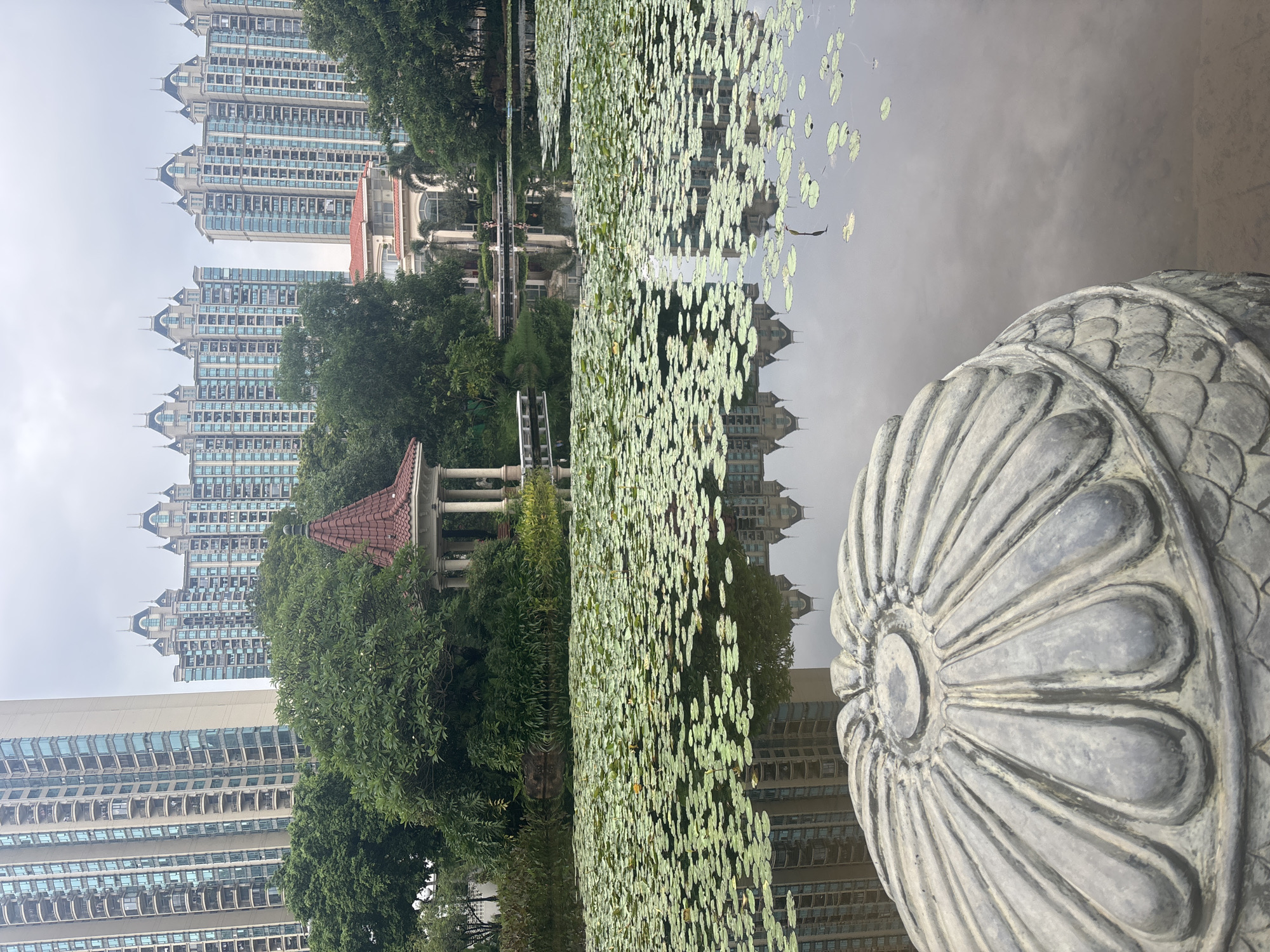 The image depicts a serene pond filled with lily pads, reflecting the surrounding architecture and lush greenery. In the foreground, a large, ornate stone sculpture, possibly a finial or decorative element, dominates the lower left portion of the frame. Behind the sculpture, the pond stretches out, its surface dotted with numerous round, green lily pads.
Beyond the pond, a charming gazebo with a red tiled roof and white columns offers a focal point within a cluster of dense green trees. Further in the background, a modern building with arched entrances and light-colored facades stands. The backdrop is characterized by several tall, high-rise apartment buildings with repeating patterns of balconies and blue-tinted windows. The sky above is overcast and appears to be a dull gray. The reflections in the water of the buildings and the gazebo create a symmetrical and tranquil atmosphere. This scene is located within the city of Nanhai District, China, likely in a residential complex or park. No people are clearly visible in the image.