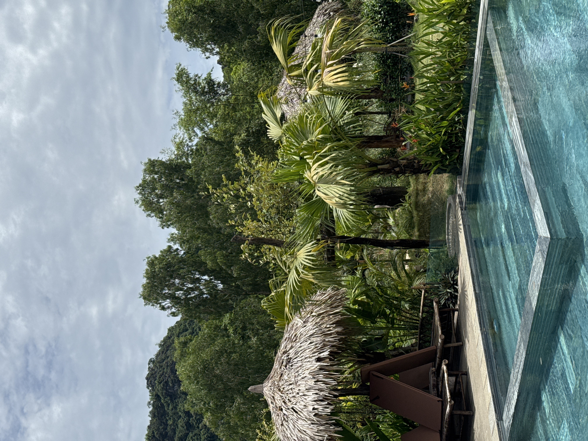 A resort scene in Nam Hoa Lư Ward, Vietnam, features a clear turquoise swimming pool in the foreground, bordered by stone tiling. To the left, two reclined lounge chairs with brown cushions are set beneath a thatched umbrella. Behind the chairs, a bamboo bench is visible. Lush green vegetation, including palm trees and flowering plants, surrounds the pool area, with a dense forest and a cloudy sky forming the background. No people are present in the image.