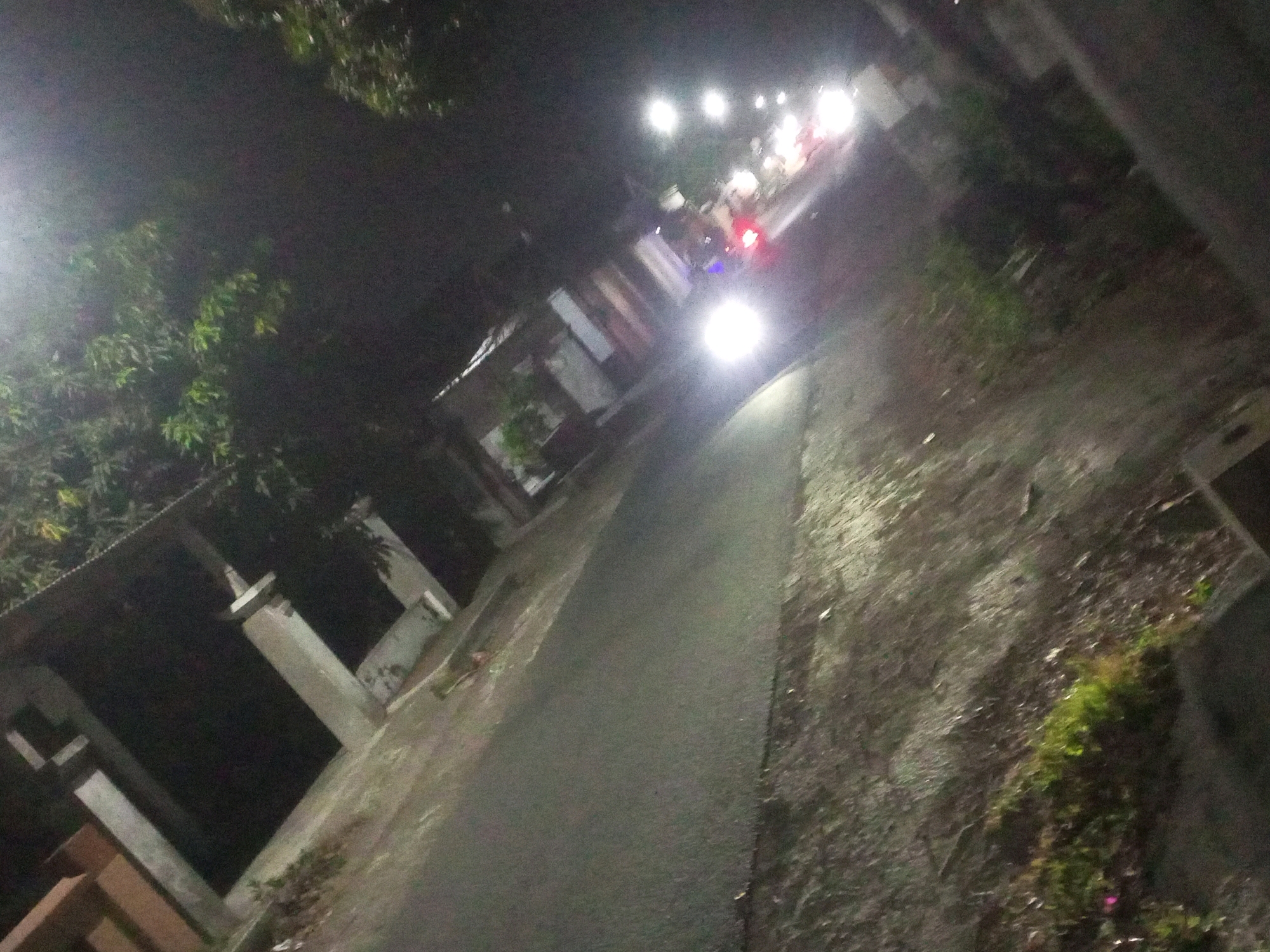 The image depicts a dimly lit street scene at night in Ngasem, Indonesia. The perspective is from ground level, looking down a paved road that curves to the right. To the left of the road, there is a structure with several vertical pillars, suggesting a building or porch. Trees with visible foliage are present in the background on the left, partially obscured by darkness and possibly streetlights.
Further down the road, the headlights of vehicles are prominent, indicating traffic. Some of these lights appear to be from motorcycles, given the red and white lights characteristic of them. The environment appears to be a residential or semi-urban area, with the presence of buildings and vegetation. The road surface is asphalt, and the ground to the right of the road is textured and appears to have some patches of grass or moss. The overall lighting is artificial, coming from streetlights and vehicle headlights, creating high contrast and obscuring finer details due to the low light conditions.