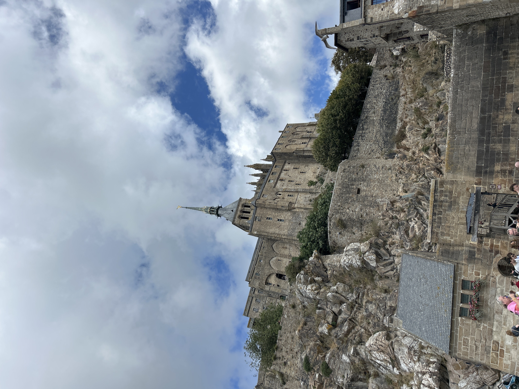 This is a low-angle, full shot of Mont Saint-Michel. The iconic abbey, with its tall spire and numerous gothic windows, is built atop a rocky hill. The sky above is partly cloudy, with patches of blue peeking through. The foreground shows a stone pathway and several people. A group of tourists is walking toward the abbey, some looking up at the structure. The architecture appears to be made of stone and is weathered, suggesting its historical significance. Lush green trees are visible on the slopes of the hill, contrasting with the grey stone of the abbey and the rocky terrain. The overall scene conveys a sense of grandeur and historical importance, attracting visitors to this landmark.