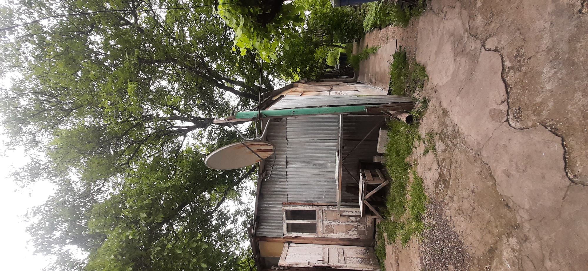 The image shows a rustic scene in Yessentukskaya, Russia, with a corrugated metal shed as the central focus. The shed has a weathered appearance, with peeling paint on the door and window frames. A satellite dish is mounted on a green pole attached to the side of the shed. In front of the shed, there is a makeshift wooden table and benches. The ground is a mix of dirt, gravel, and cracked concrete. Lush green trees with dense foliage overhang the scene, suggesting a natural, perhaps slightly overgrown, environment. A concrete path leads away from the shed and into a wooded area, hinting at a rural or semi-rural setting. The overall impression is one of simplicity and perhaps neglect, characteristic of a backyard or utility area.