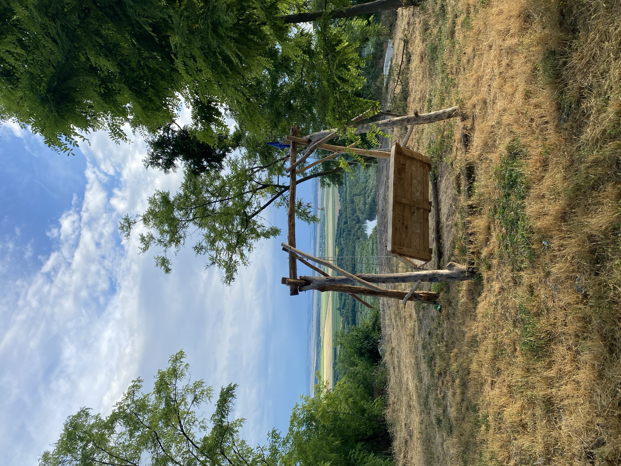A handmade wooden swing set, constructed from rough-hewn logs and planks, is positioned on a dry, grassy hilltop overlooking a wide river valley. The swing seat is empty. Trees with lush green foliage frame the scene on either side. In the distance, the valley unfolds with patchwork fields and a meandering river, under a sky dotted with white clouds. The overall impression is one of rustic tranquility in a rural landscape, likely near Horești, Moldova.