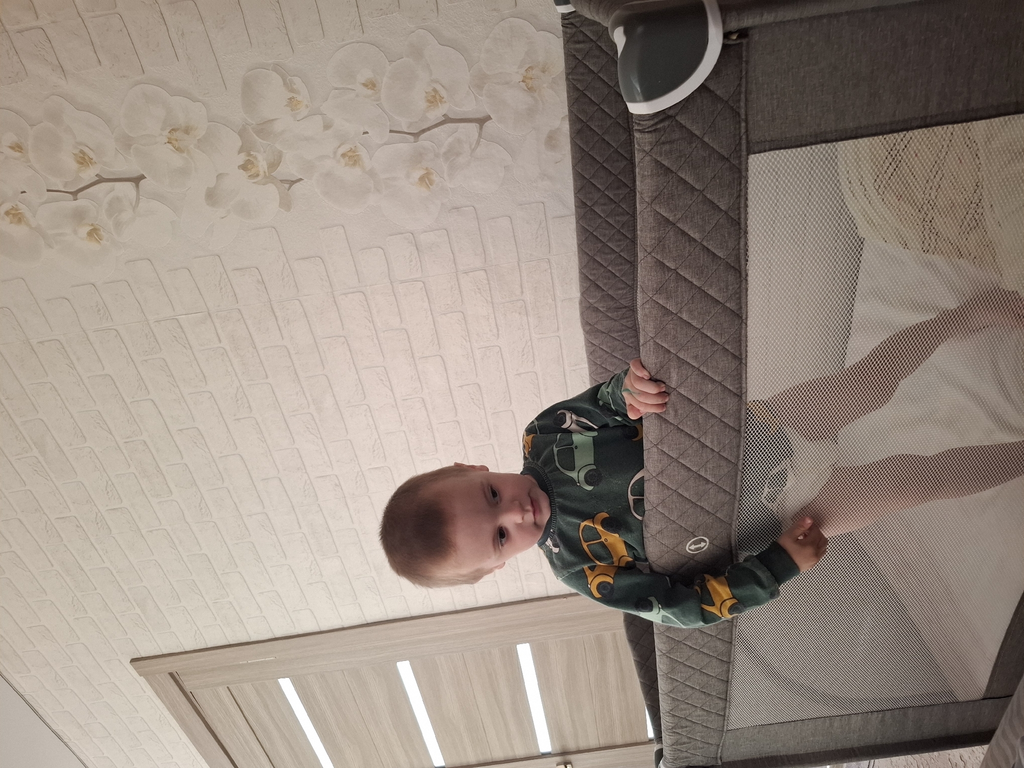 A child is looking into a gray crib with white mesh sides in a room in what may be Амзя, Russia. The walls are covered in a white brick pattern and decorated with white orchids. A door is visible near the bottom of the frame. The child is wearing a green shirt with car patterns.