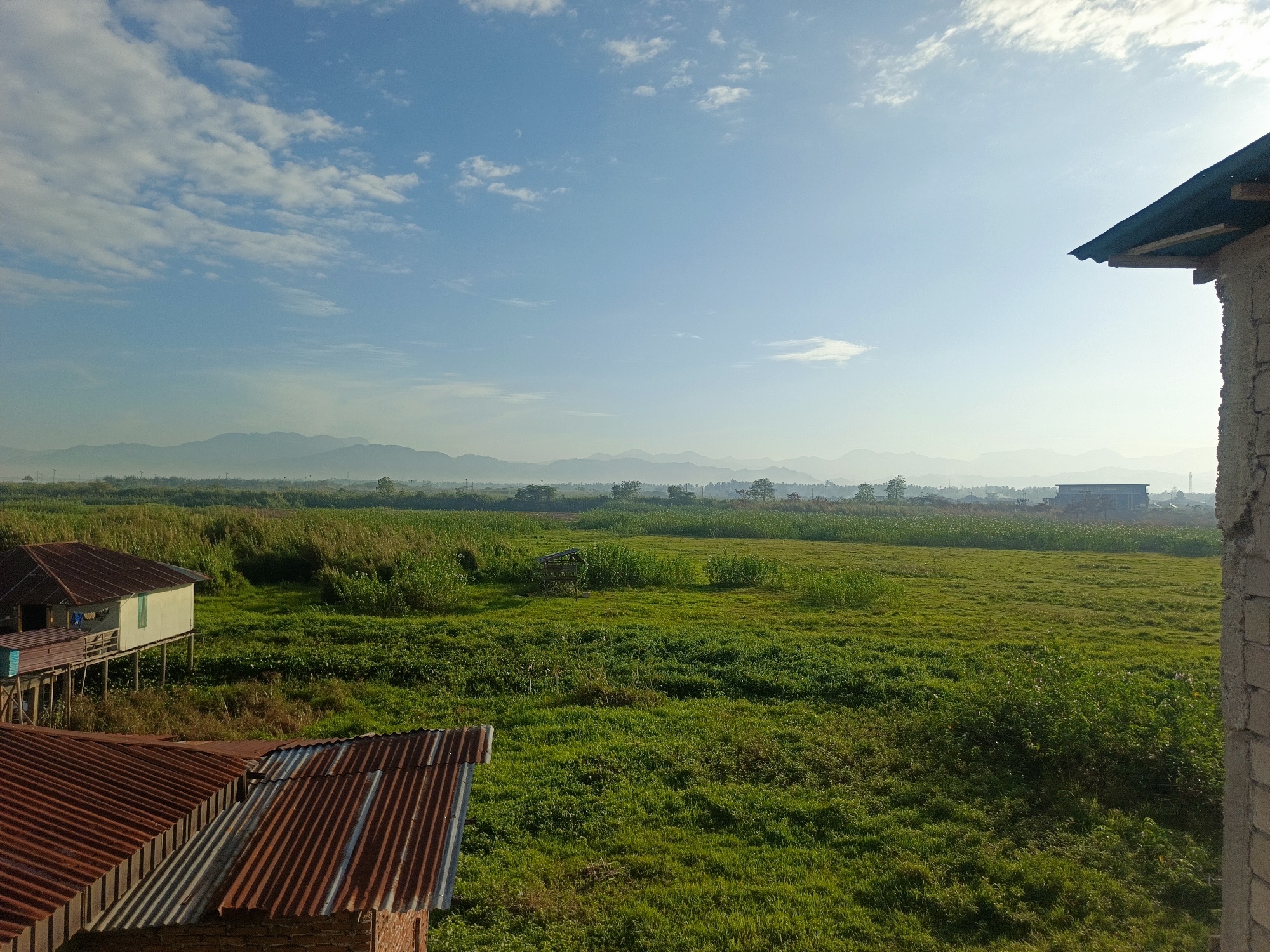 This is an outdoor, eye-level, medium shot image of a rural landscape with a bright, slightly hazy sky and distant mountains. In the foreground on the left, there are two structures with rusted corrugated metal roofs. The lower structure's roof is in sharp focus, revealing its aged and weathered condition. Above and slightly behind it is another structure, a house on stilts with a lighter colored siding and a dark-colored roof. This stilted house has an elevated walkway leading to it.
The middle ground of the image is dominated by a vast, green field of grass and some low-lying vegetation, possibly agricultural fields or a swampy area. There's a small, simple open-sided shelter with a dark roof in the middle of this field. Beyond the field, a line of trees and more distant structures, including a building that appears to be a school or community hall, are visible. The background consists of layered, hazy mountains fading into the horizon under a pale blue sky with scattered white clouds. The overall lighting suggests it is early morning or late afternoon, with a gentle, diffused sunlight.
This scene is consistent with the rural outskirts of Gorontalo City, Indonesia, where such landscapes with rice paddies, elevated houses in waterlogged areas, and distant mountain ranges are common. The presence of simple, functional housing on stilts is characteristic of communities living near wetlands or bodies of water in the region. The image captures a serene, natural environment with evidence of human habitation and agriculture.