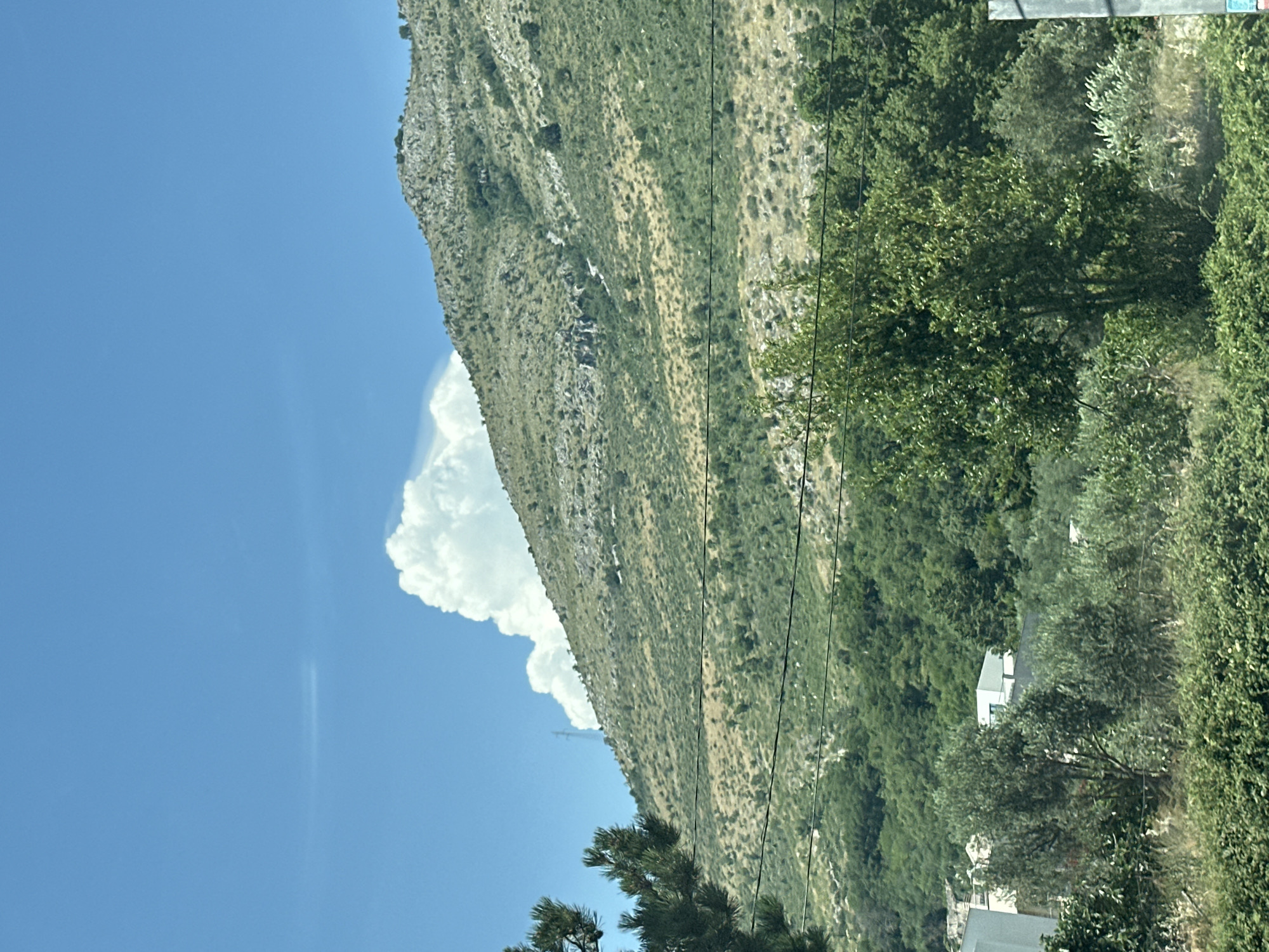 This is a vertical, medium shot photograph of a sunlit, mountainous landscape in Gornji Katun, Montenegro. The scene is dominated by a steep, rocky mountainside covered in sparse green vegetation. A large, fluffy white cloud is visible against a clear blue sky to the left of the mountain. A dense forest of green trees occupies the lower right portion of the image, obscuring much of the ground. A modern, white building with a flat roof is partially visible within the trees, suggesting a residential or possibly commercial structure. Power lines run diagonally across the image, hinting at the presence of infrastructure. The bright sunlight indicates it is daytime, and the clear sky suggests fair weather. The overall impression is one of natural beauty and rural habitation. No people are visible, and no text is present in the image.