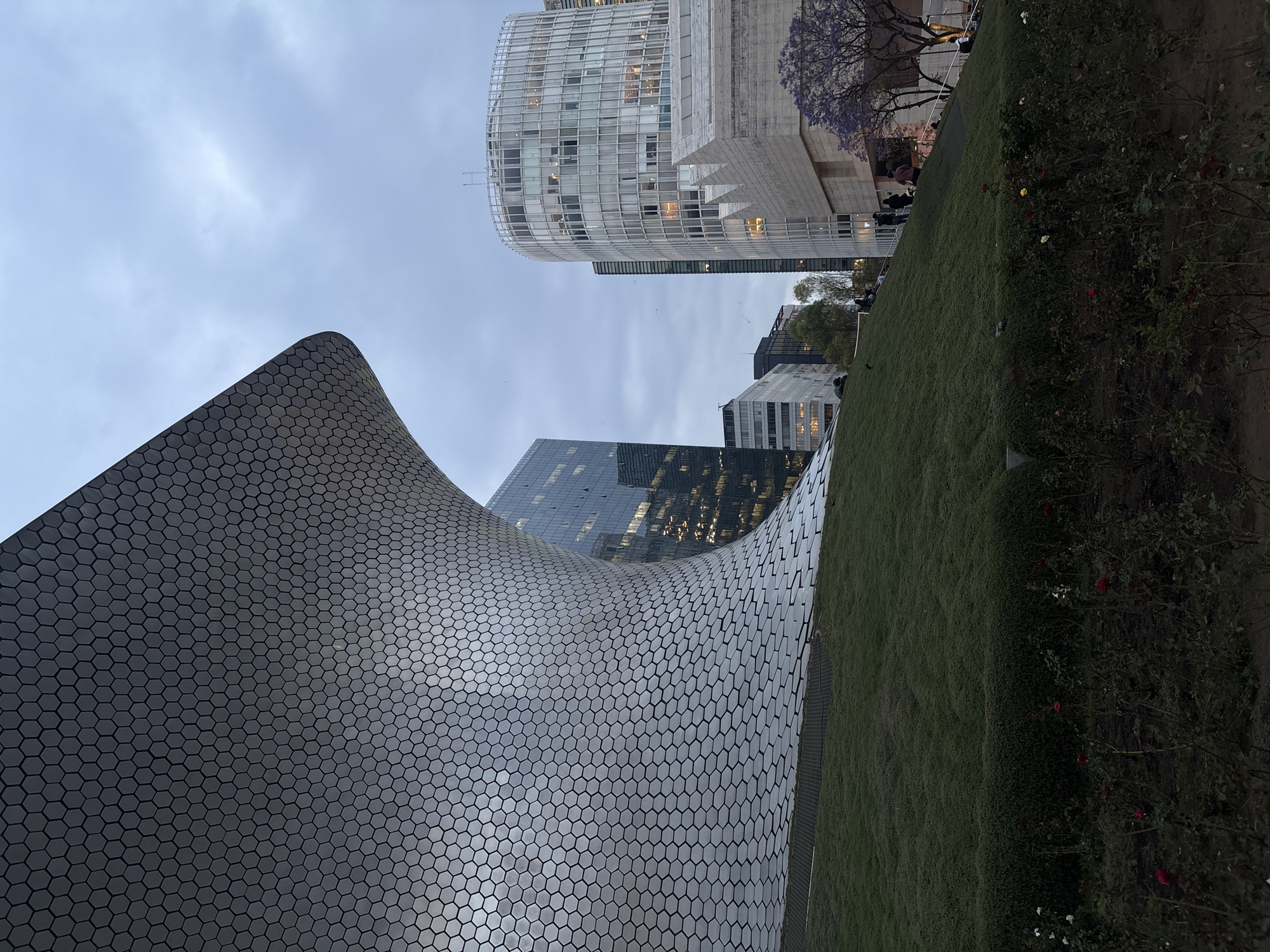 The image shows the Museo Soumaya in Mexico City, Mexico. The museum is a modern, curvaceous structure covered in hexagonal tiles. In the background are other buildings, including a taller, rectangular building with many windows. There is also a grassy area adjacent to the museum, with a row of flowering bushes along the edge. The sky is overcast and birds are seen in the distance. People are present on the grassy area.