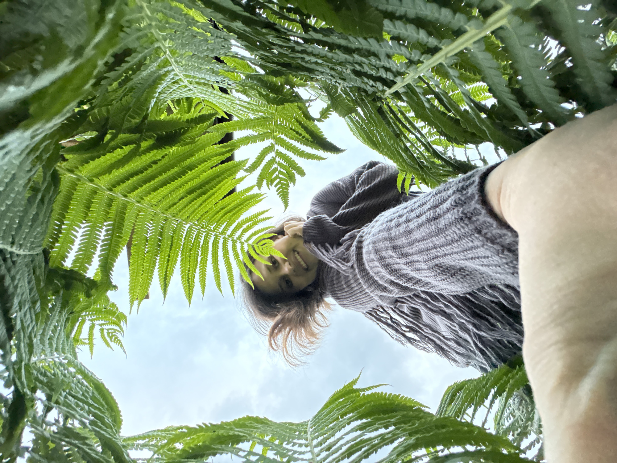 A woman is looking down at the camera, framed by fern leaves. The background shows a cloudy sky. The scene gives the impression of being taken from a low angle, possibly from under the fern plants. Details about the location in the city of Прикамский, Russia, are not evident in the image.