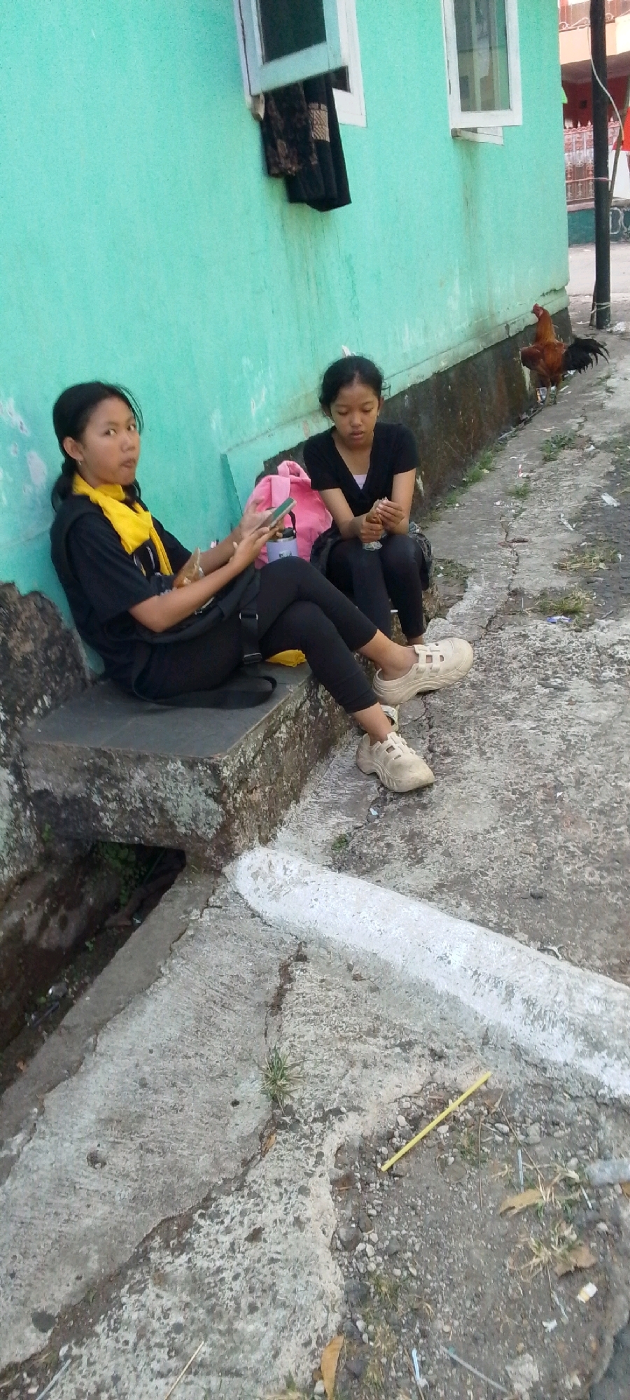 The image depicts two young females sitting on a concrete ledge against a teal-colored wall. The female on the left is wearing a black t-shirt, black leggings, and a yellow scarf. She is holding a smartphone in her hands and looking at the camera. The female on the right is wearing a black t-shirt and black leggings, and appears to be eating something. A pink backpack and a blue water bottle are visible between the two females. A rooster is walking on the ground to the right of the females. The environment appears to be an outdoor urban setting with a cracked concrete ground and a drainage ditch to the left. The scene is located in Cilaku, Indonesia.